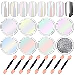 Artdone 8 Jars Chrome Nail Powder Magic White Pearl Kit Mirror Effect Silver Metallic Holographic Dip Nail Powder Decoration Iridescent Aurora Mermaid Pigment