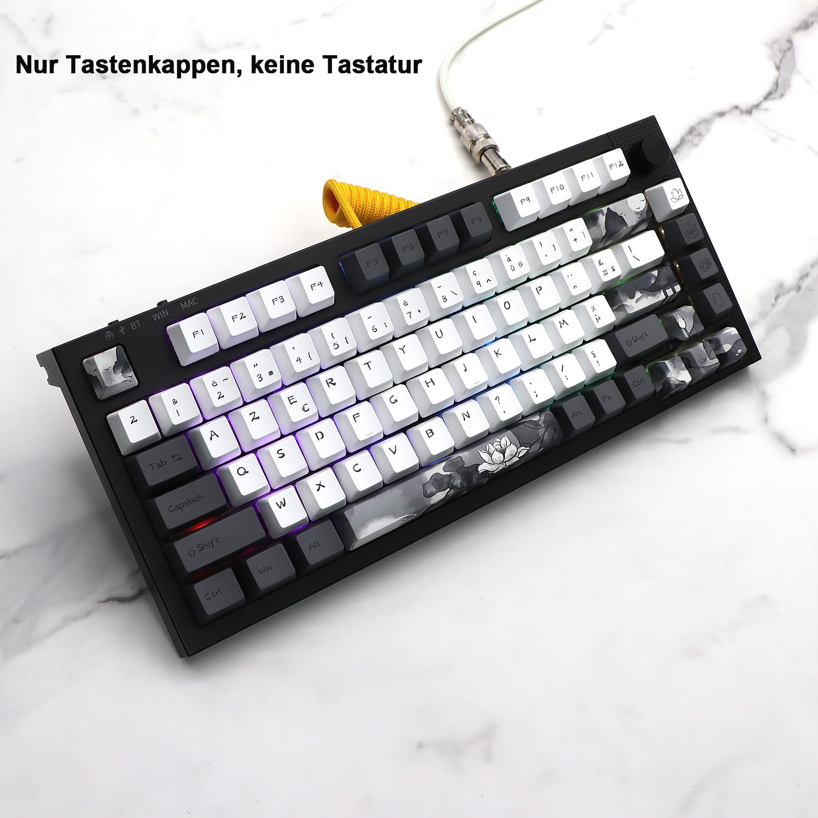 JSJT Capuchons de touches d'encre Lotus ISO français 148 touches PBT Profil OEM avec extracteur de touches pour claviers mécaniques Cherry MX Switch 61/68/84/87/96/108