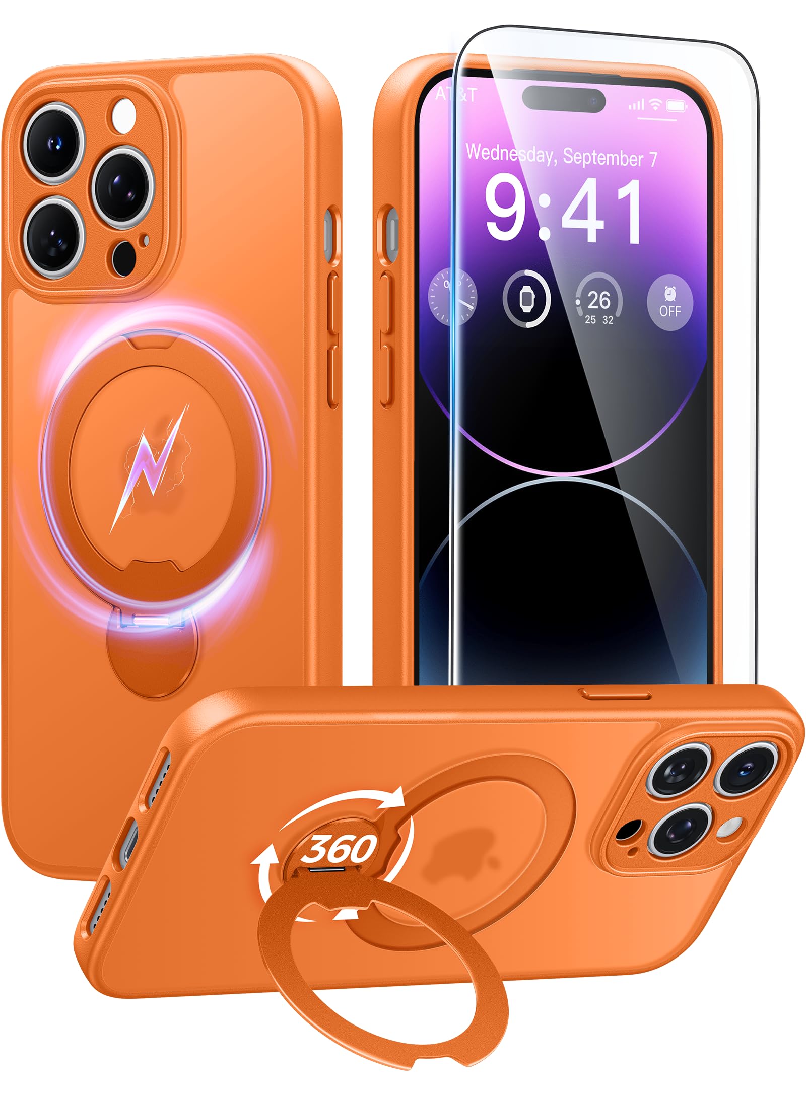 FNTCASE for iPhone 14 Pro Case: [360 Spin Magnetic Stand] [Compatible with Magsafe] [Screen Protector] Translucent Matte Military Grade Shockproof Full Camera Protective Phone Cover - Orange