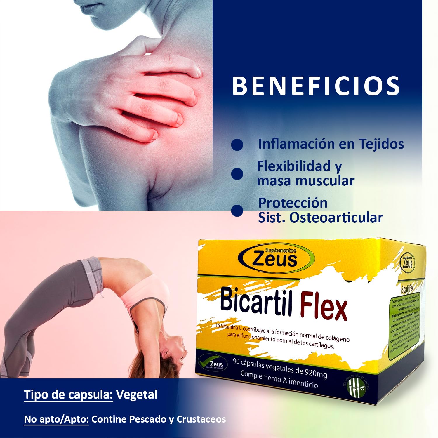 BICARTIL FLEX reduce la inflamación del sistema muscular/articular, mejora la flexibiliad, Evita la destrucción del tejido osteoarticular, 90 cps vegetales