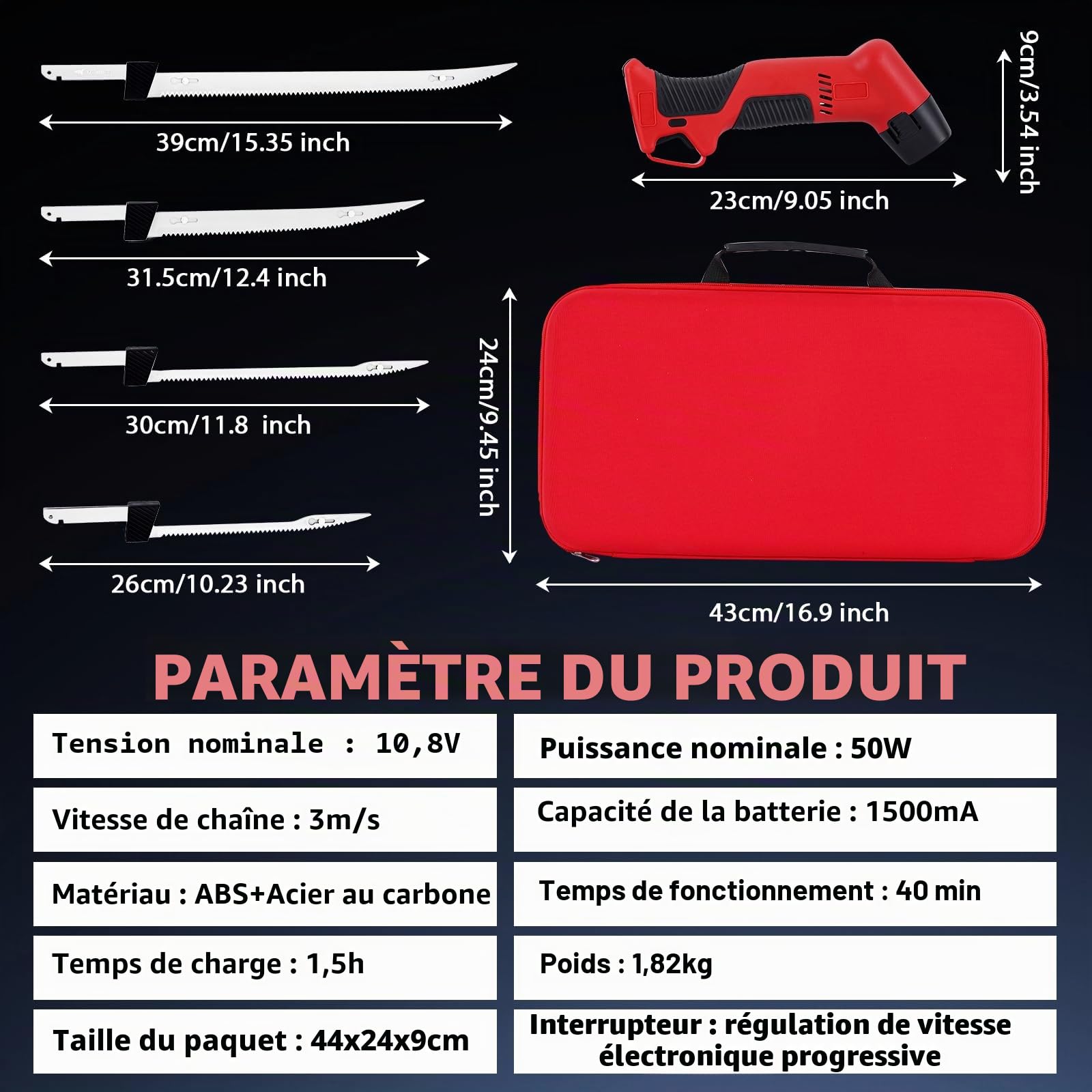 YUCHENGTECH Couteau à Filet Électrique pour Poisson Couteau à Filet Sans Fil avec 4 Lames en Acier Inoxydable, 2 Batteries Rechargeables et Étui de Transport de Rangement