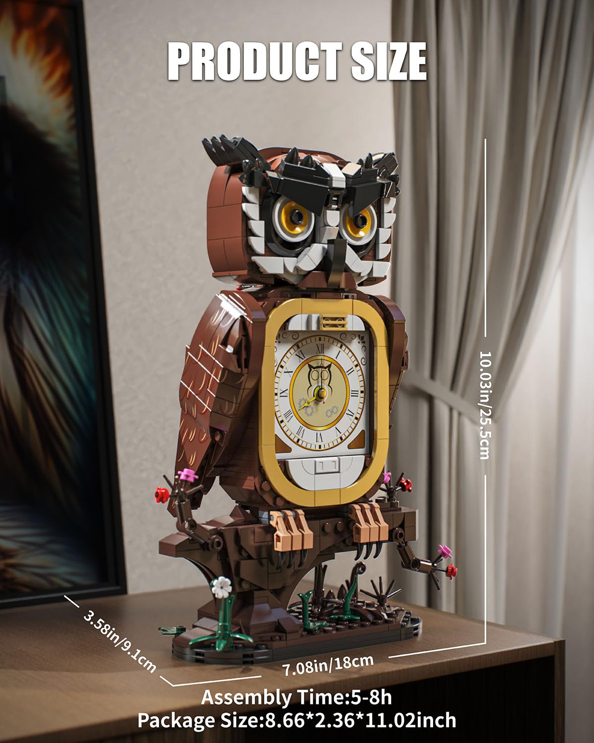 TYCOLE Horloge Chouette en Jouet de Construction avec Horloge Fonctionnelle, Cadeau Créatif Enfants 6 Ans et Plus/Garçons/Filles & Adultes, Décoration Maison/Bureau/Chambre, Modèle Animaux 964 Pièces