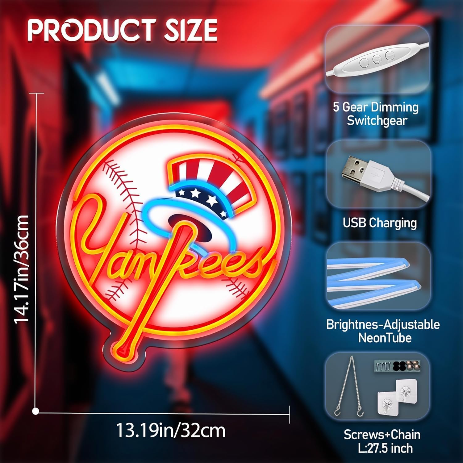 NY Baseball Neon Sign, New York Cool Light Up Dimmable NY Team Logo Hanging Led Neon Sign for Wall Decor, Bedroom, Party, Man Cave, Bedroom, Game Room Deco, Birthday Christmas Gift for Boys Fans (Red) - Image 3