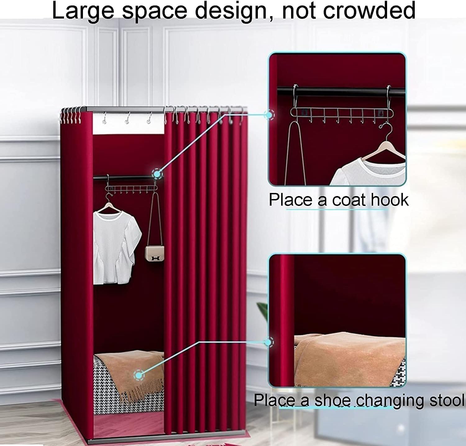 SIAMZYWV Dressing Room Mobile Changing Room with Shading Curtain and Hook Up Fitting Room Temporary Clothing Store Wall-Mounted Dressing Room Save Space