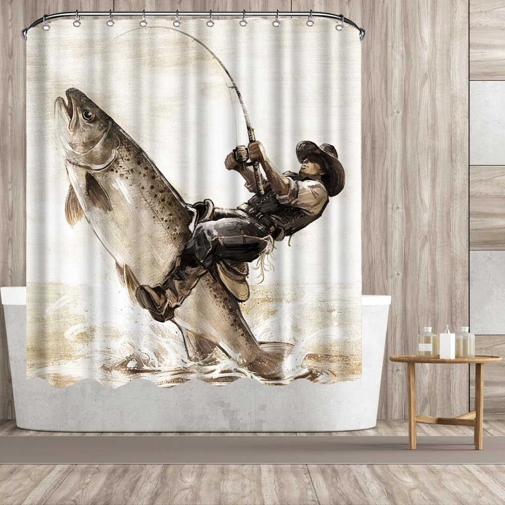 Fish Shower Curtain Fisherman Catching Trout Design Bathroom Curtain Waterproof Bathroom Decor with 12 pcs Hooks 72''L x 72''W (Brown)