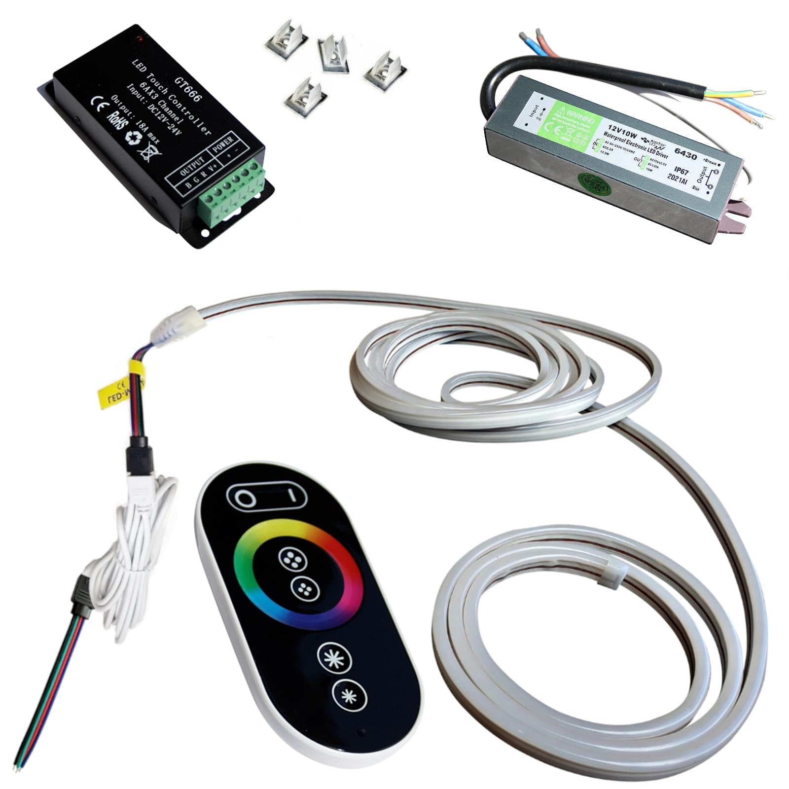 LED RGB Neon Streifen Set 5m – 12V/230V, IP67 Wasserdicht, Inkl. Netzstecker & Halteklammern
