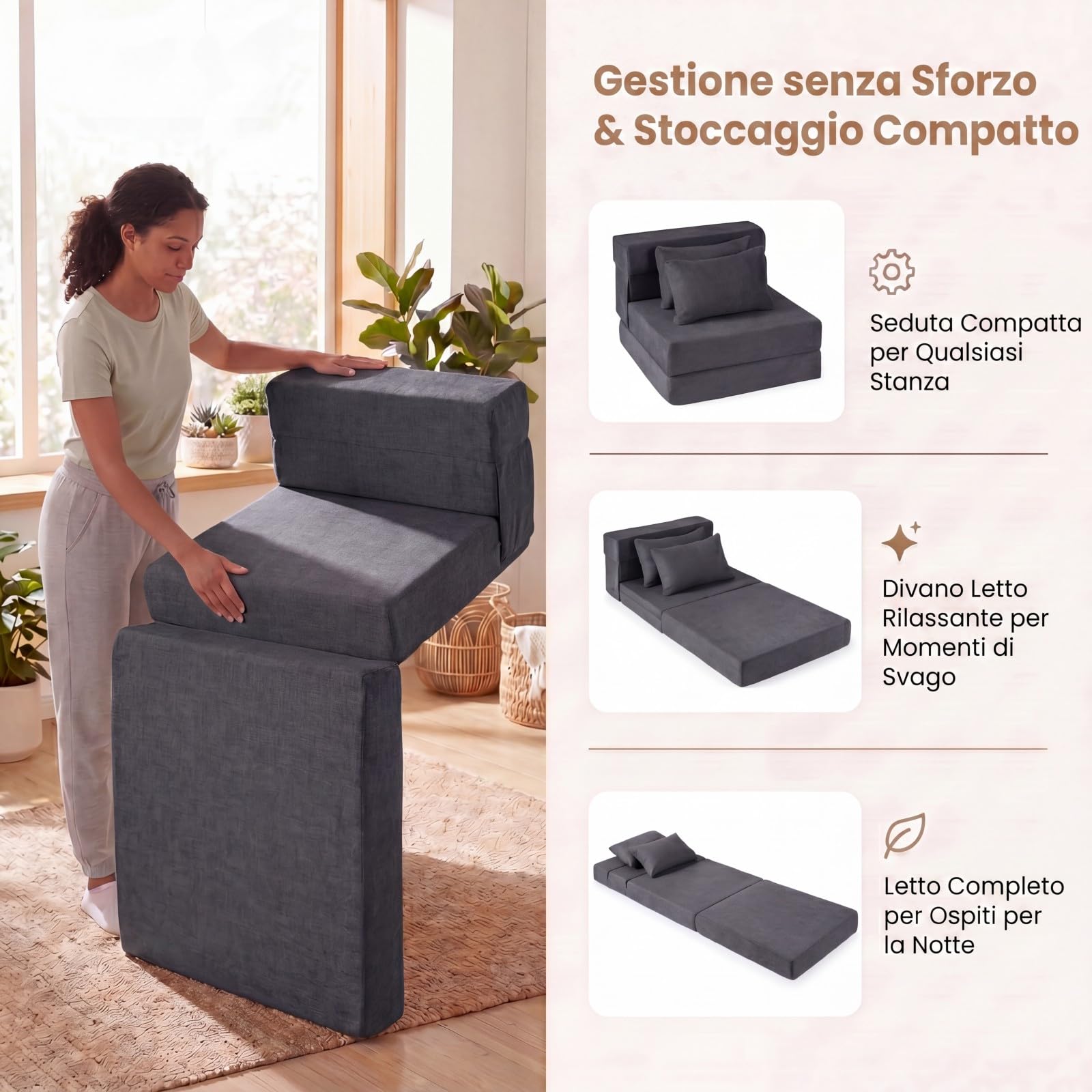 SOARS Divano Letto 2 Posti Pieghevole, 3 in 1 Divanetto Trasformabile con 2 Cuscini, Schiuma ad Alta Densità e Rivestimento in Tessuto Chenille, Poltrona Letto per Soggiorno (Grigio,72 x 76 x 58 cm)
