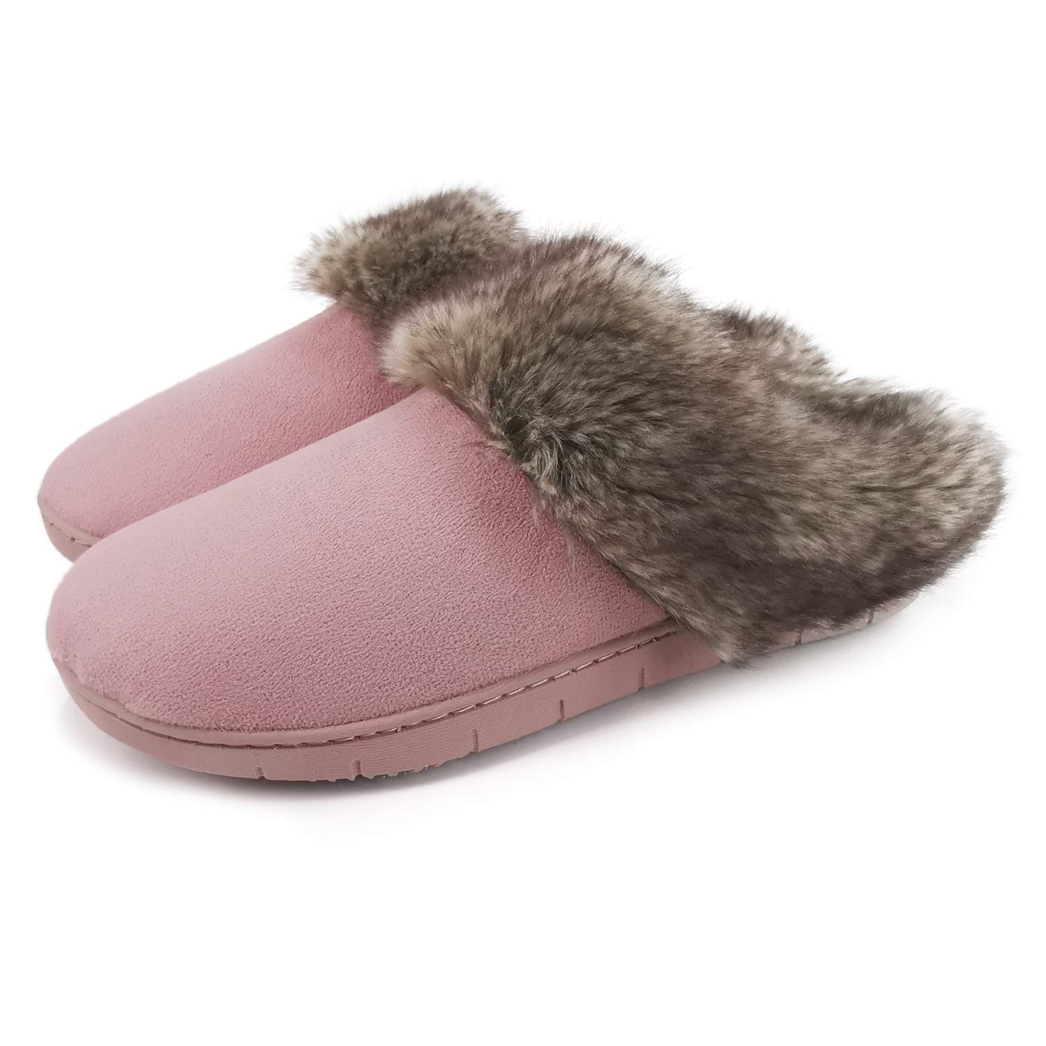 ofootWomens Winter Warm Moccasins Suede Faux Fur Mule Slippers Furry House Shoes Memory Foam Hard Soled for Indoor Outdoor