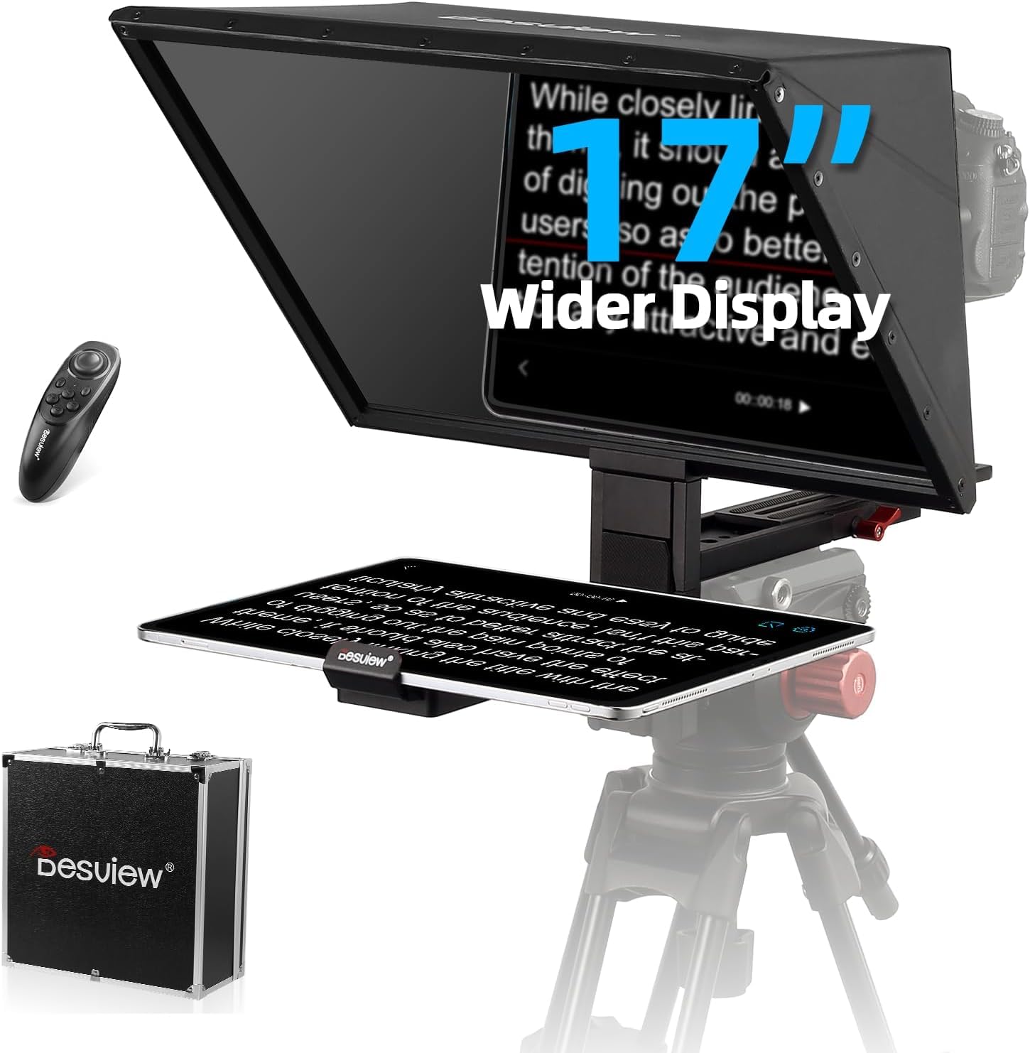 Desview TP170 Teleprompter 17 pollici, lega di alluminio High Display vetro sollevabile con telecomando e app per iPad/DSLR/videocamera, obiettivo grandangolare, registrazione video