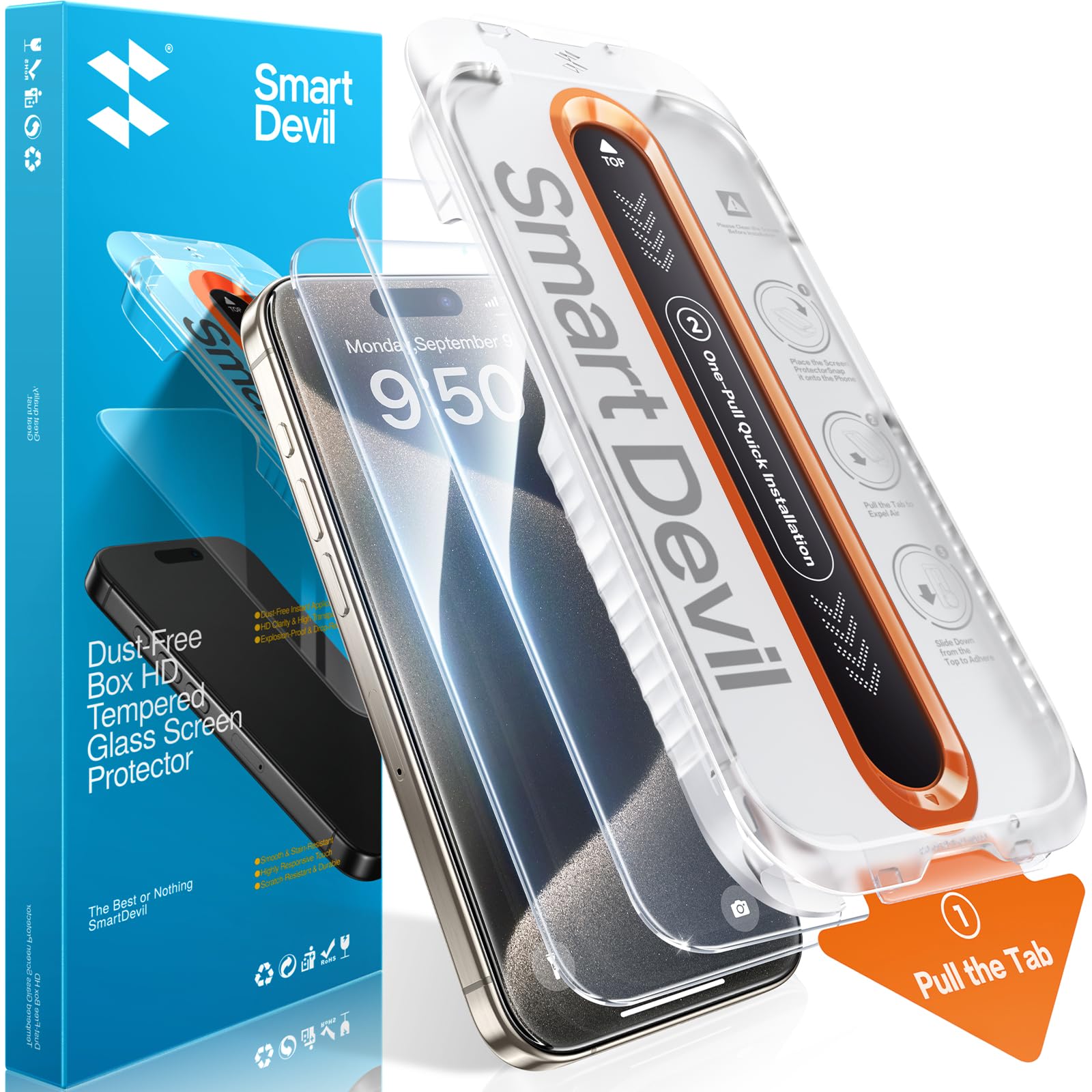 SMARTDEVIL 2 Pack Screen Protector for iPhone 15 Pro Max, 9H Hardness Military Grade Shatterproof HD Clear Tempered Glass, Easy to Install, Auto Bubble-Free and Dust-Free Box, Case Friendly