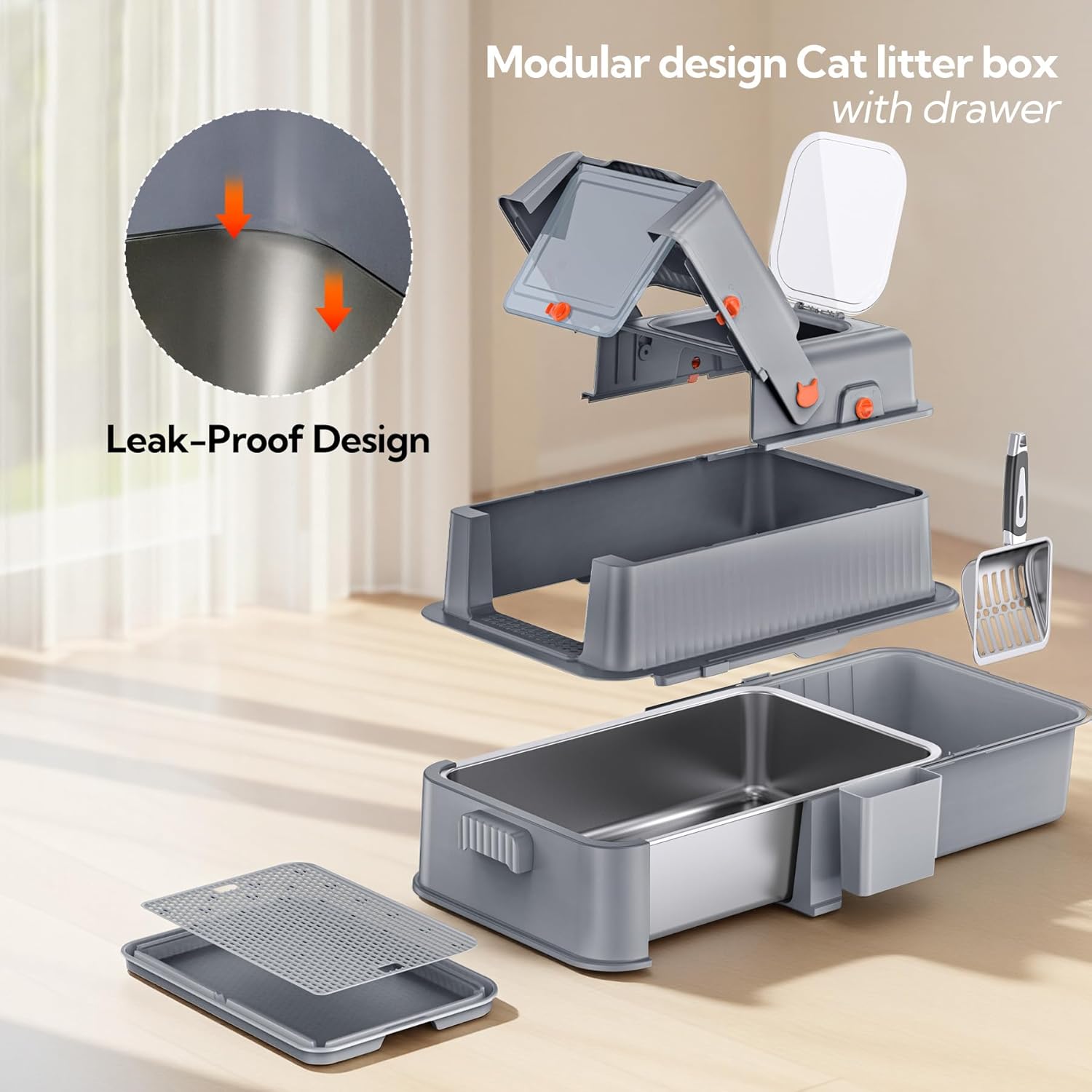 Soulbond Stainless Steel Cat Litter Box with Lid, Enclosed Large Metal Litter Box with Drawer and Flip Door for Big Cats, Top Entry, Odor Control, Easy to Clean (Grey) Dark Grey