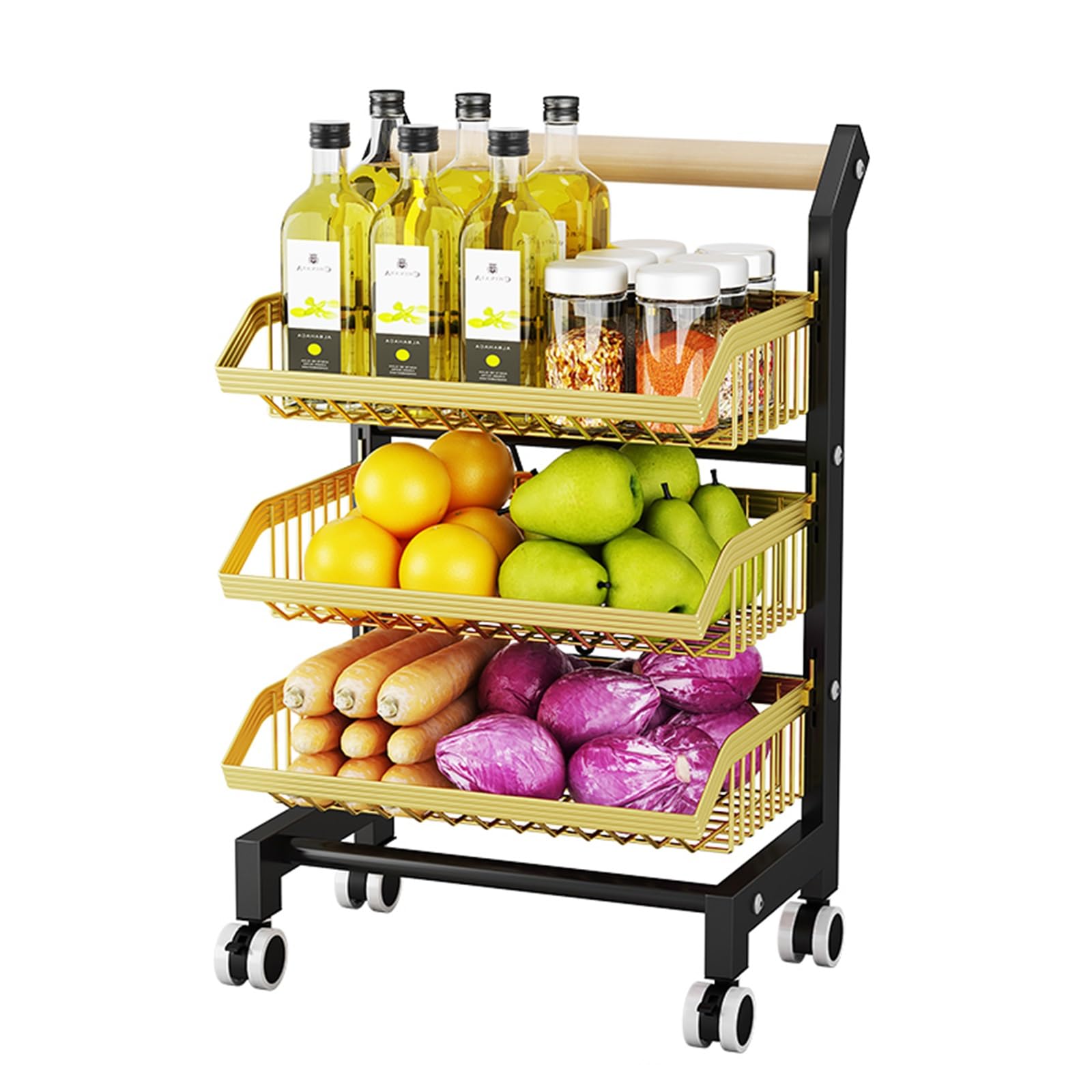 WOTZOV Rolling Snack Cart With Wheels - Adjustable Wire Storage Rack For Kitchen, Freestanding Pantry Organizer For Fruits, Vegetables, And Snacks - Mobile Storage Solution，Black+gold 3 Tier