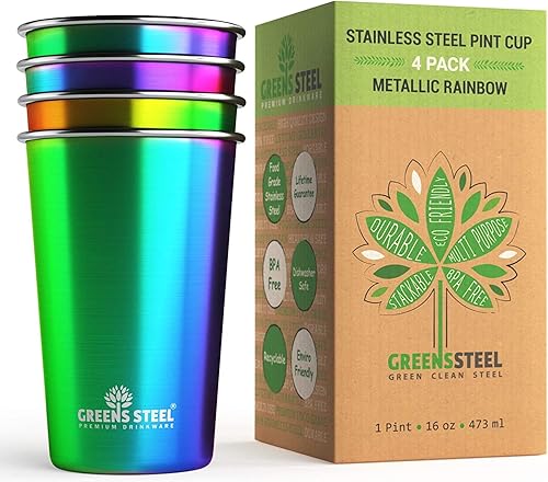 Miniatura 9 de Greens Steel - Vasos de acero inoxidable de alta calidad de 16 onzas paquete de 4 vasos de metal de alta calidad taza apilable y duradera