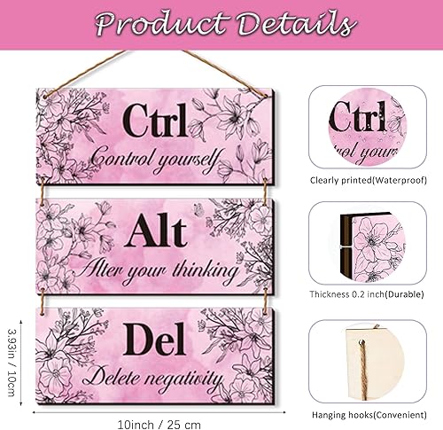 Miniatura 3 de 3 piezas de decoración de pared rosa intenso para niña, decoración de pared de oficina, arte floral de madera, inspirador con citas positivas Ctrl