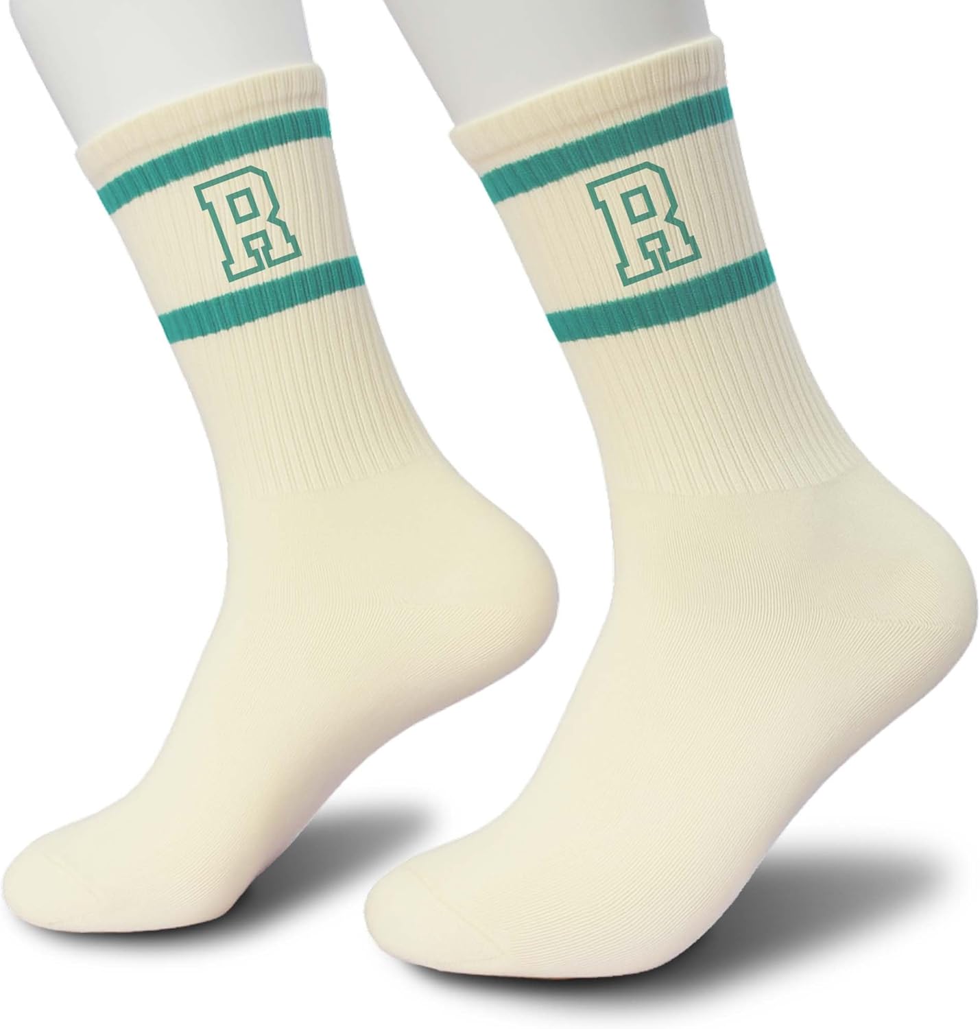 Forest Green and White Striped Crew Socks with the Letter, Classic Varsity Sports Style Monogram Socks - Image 4