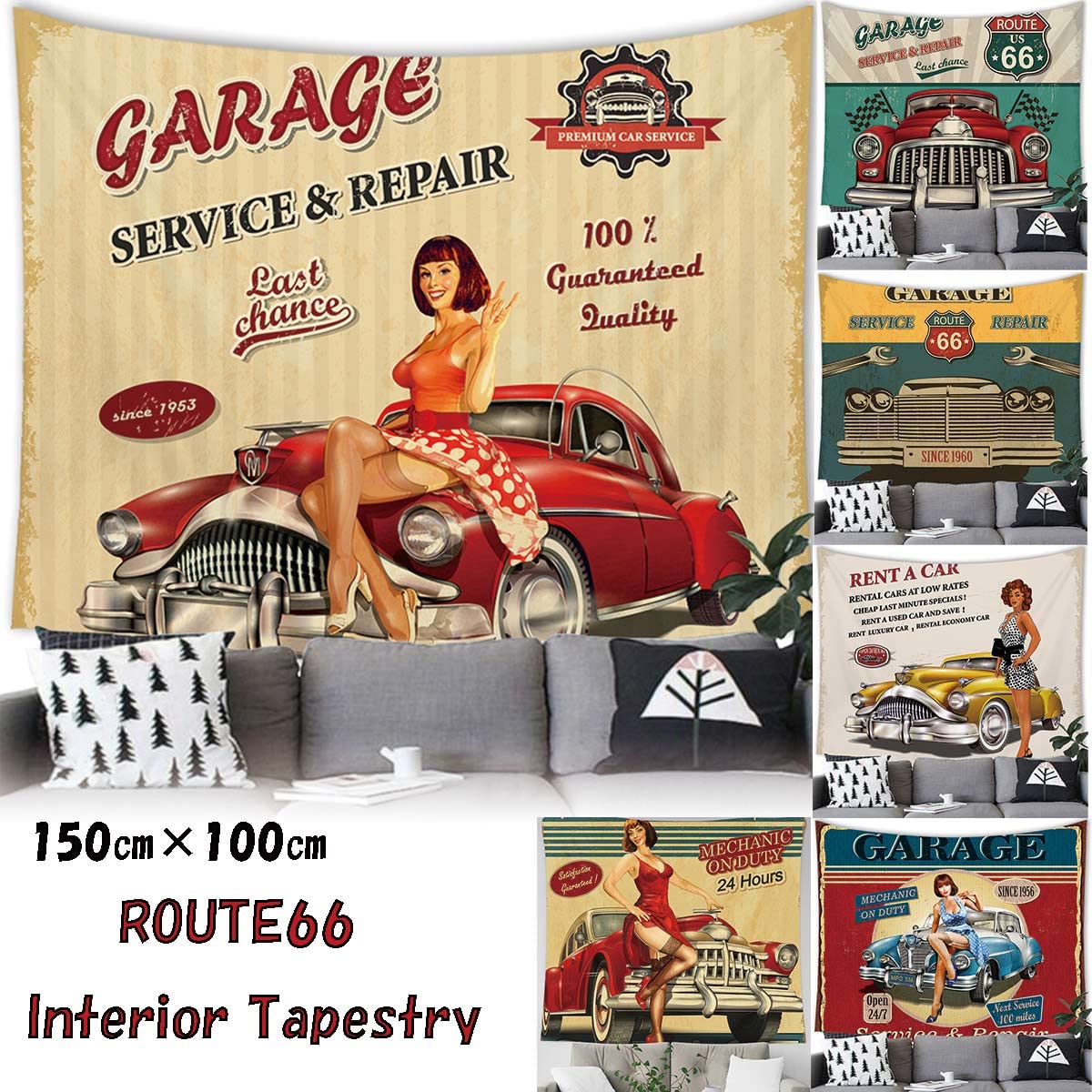 Amazon.co.jp: ND タペストリー 西海岸 アメ車 ルート66 車庫