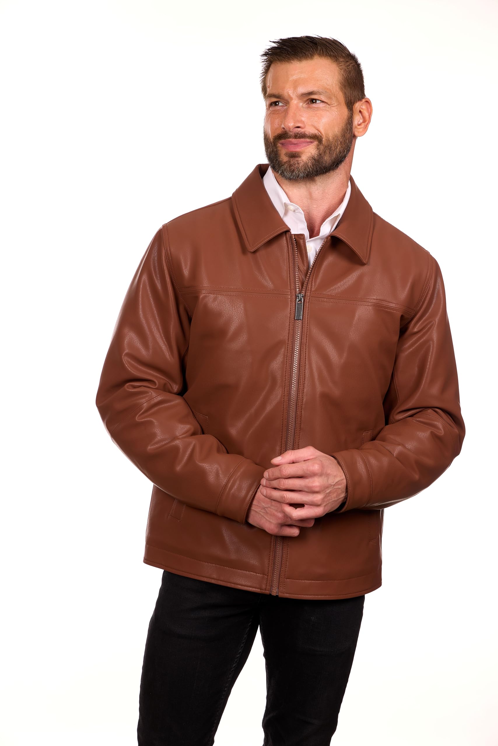 PERRY ELLIS Men’s Leather Jacket Classic Zip Front Coat with Turn-Down Collar