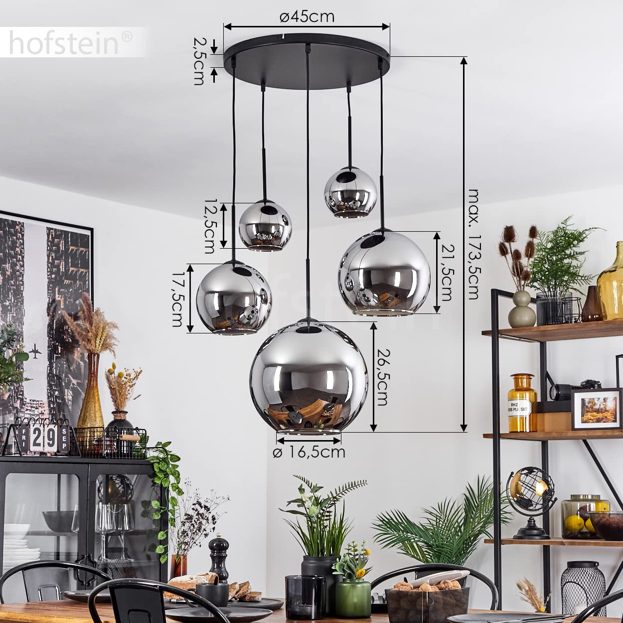 HOFSTEIN Hängeleuchte Koyoto, 5-flammige Hängelampe aus Metall/Glas in Schwarz/Chrom-/Rauchfarben, Pendelleuchte im Retro/Vintage-Design, Ø Schirme 15; 20; 25; 30 cm, E27, Esszimmer, Küche, Wohnzimmer