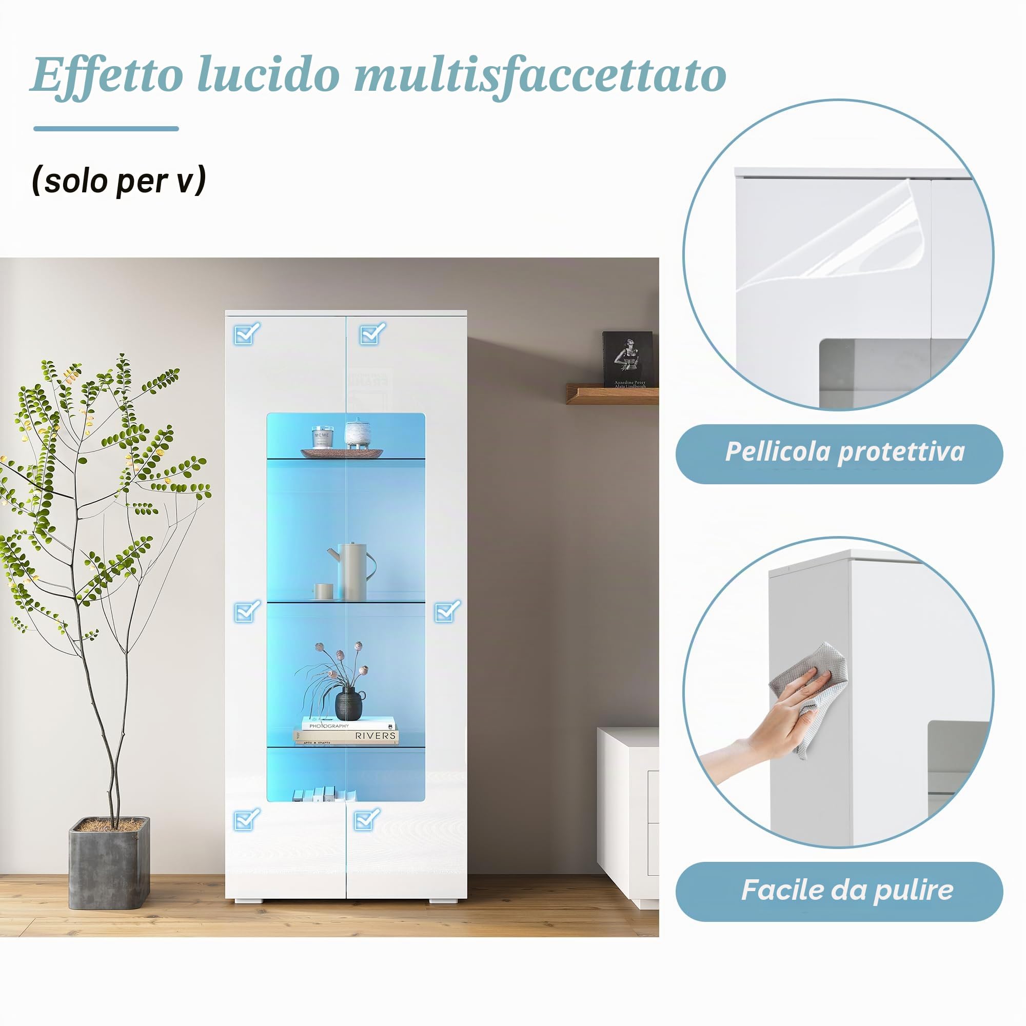 Vetrina da soggiorno 70 x 40 x 173 cm, vetrina con 2 ante in acrilico, vetrina lucida con striscia luminosa a LED, armadio portante in vetro temperato, soggiorno, ampio armadio alto, MDF, bianco