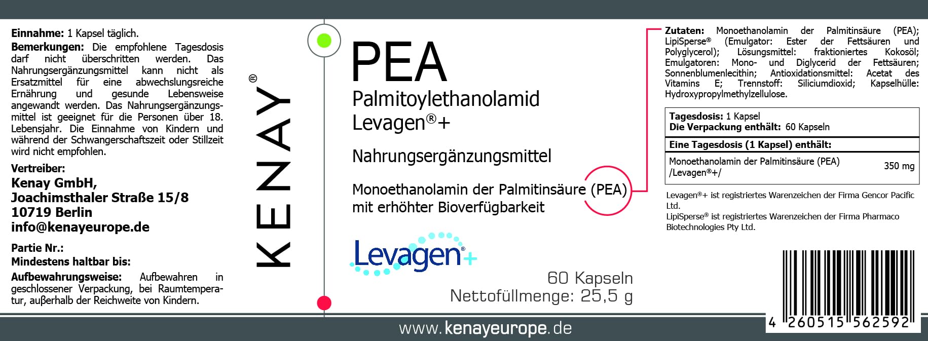 PEA Levagen®+ Nahrungsergänzungsmittel 60 Kapseln vegan
