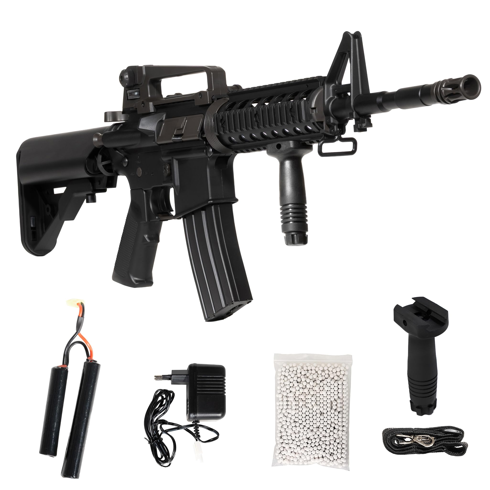 D-BOY M4 Softair Elettrico Bundle Completo | Replica Fucile M4 ABS 0.9Joule 6mm | Kit con Batteria LiPo, Caricabatterie, Impugnatura Tattica e 1000 Pallini