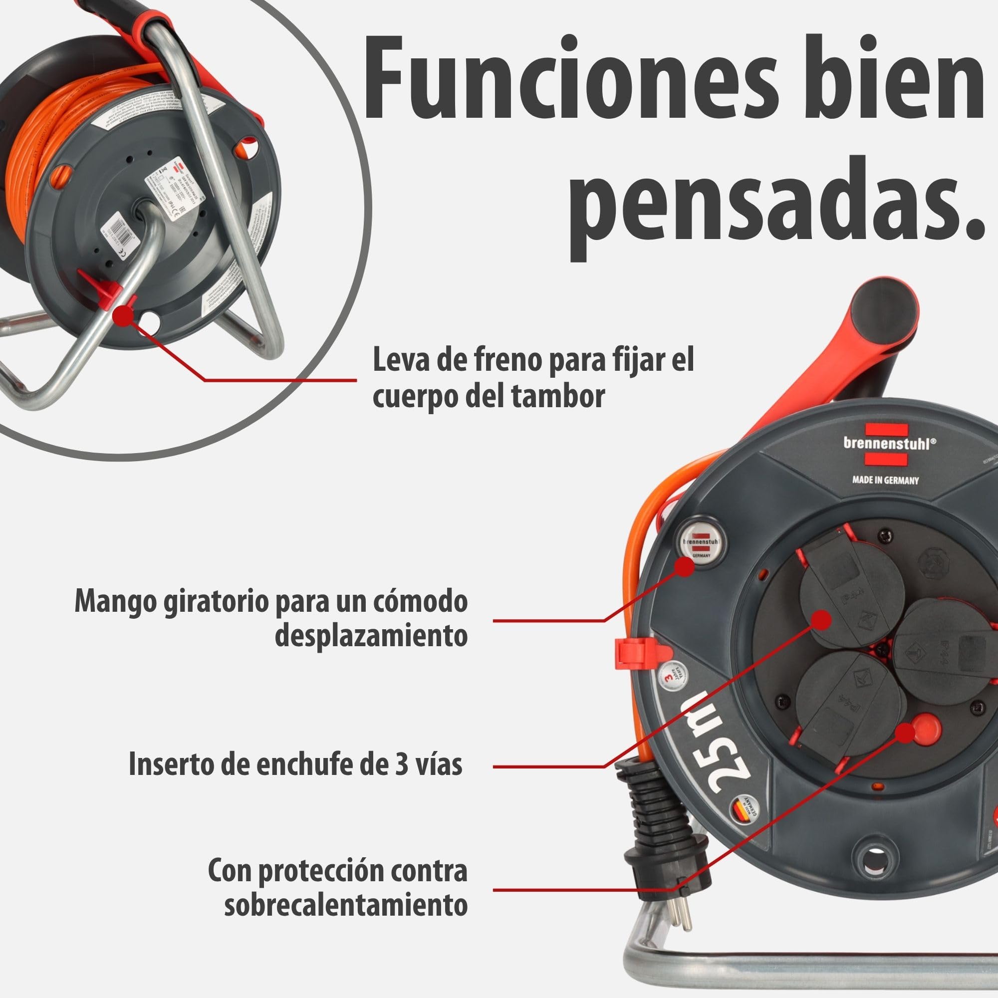 Brennenstuhl Garant V2 IP44 Enrollacables 25m exterior (Fabricado en Alemania, 3 conexión a tierra-enchufes, protección contra sobrecalentamiento, uso a corto plazo en exteriores)