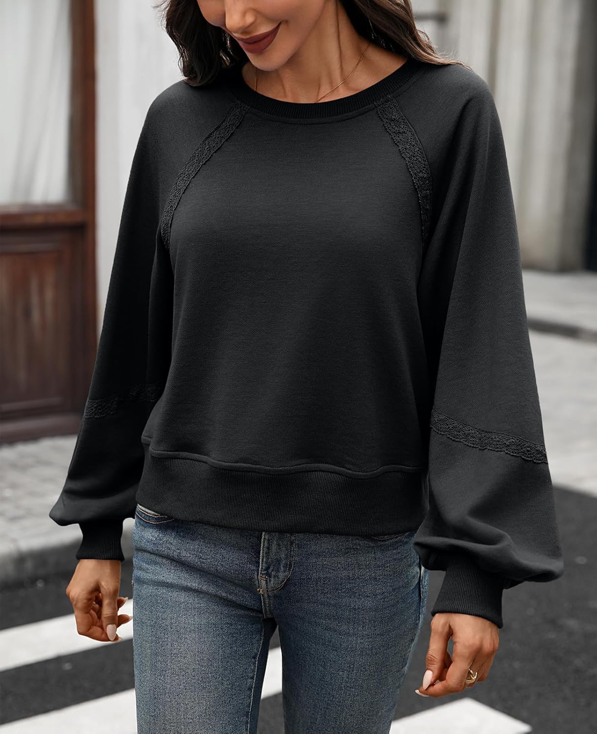 Women's Cropped Sweatshirt Oversized Lace Lantern Long Sleeve Crewneck Cotton 2025 Loose Fit Pullover - Image 5