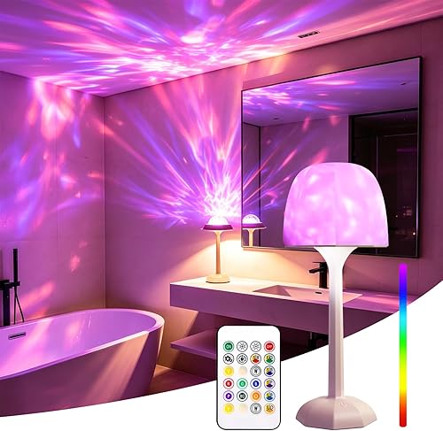 Rechargeable Table Lamp with Remote Control, 16 Color Changing LED Night Light with Water Ripple Projection, Adjustable Brightness for Bedroom, Office, Home Decor