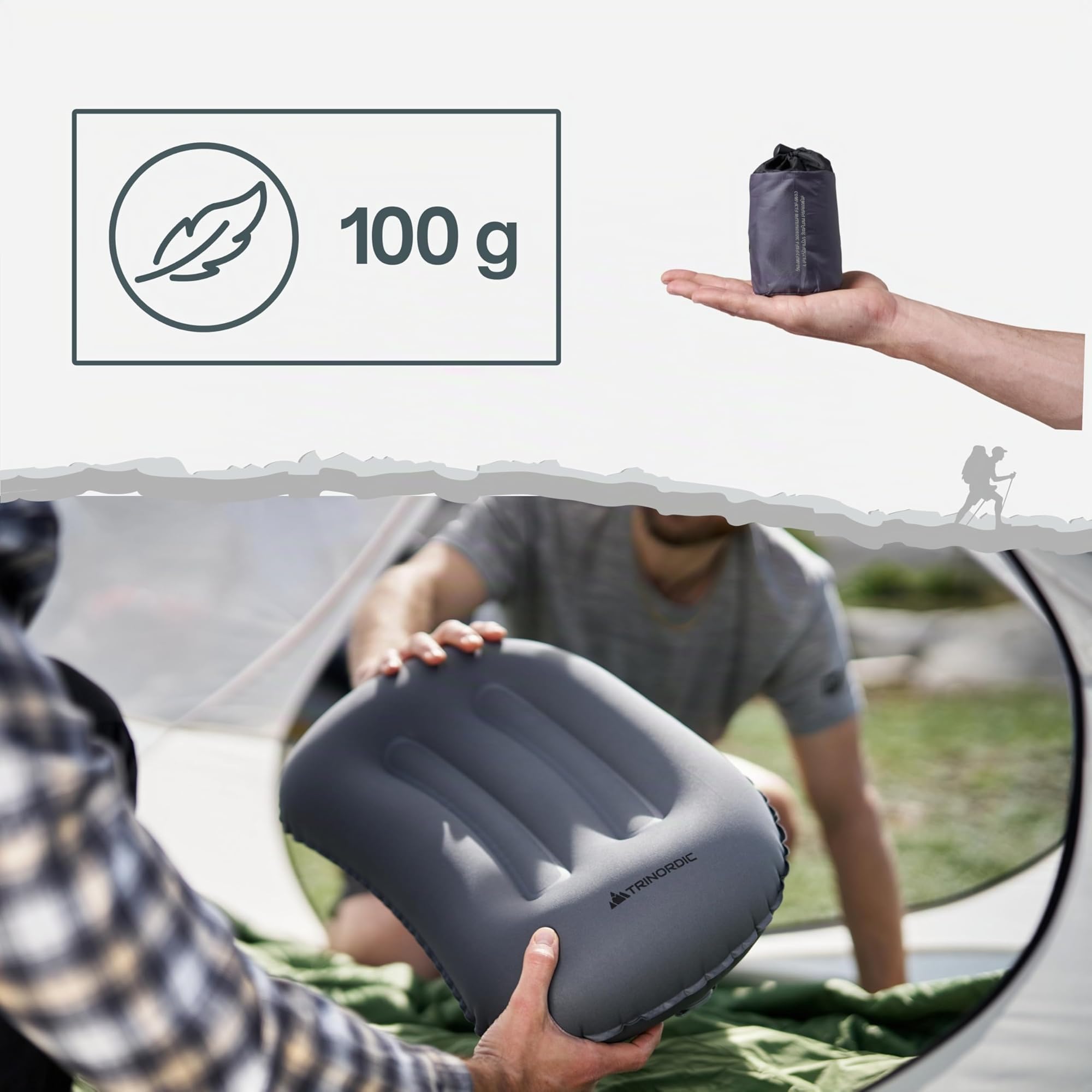 Trinordic Almohada Hinchable Ultraligera Camping – Funda Suave y Válvula Ajustable – Almohada Viaje Cómoda y Compacta – Accesorio para Senderismo, Mochilero y Bikepacking