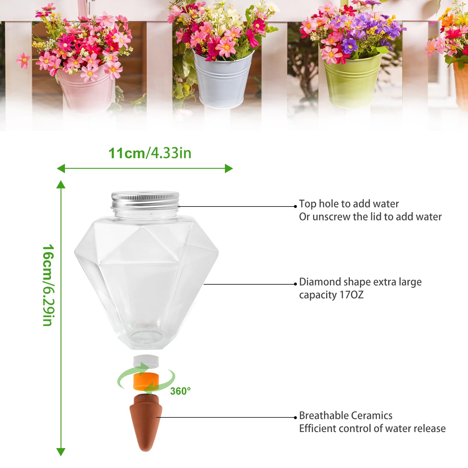 Lot de 6 globes d'arrosage en plastique en forme de diamant pour plantes à arrosage automatique 500 ml pour plantes d'intérieur et d'extérieur