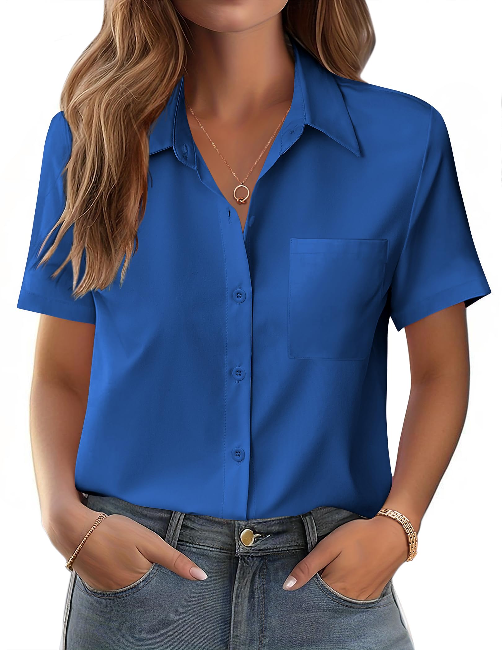 Womens Button Down Shirt Bust Pocket Short Sleeve Blouses Business Casual Work Tops Summer Outfits