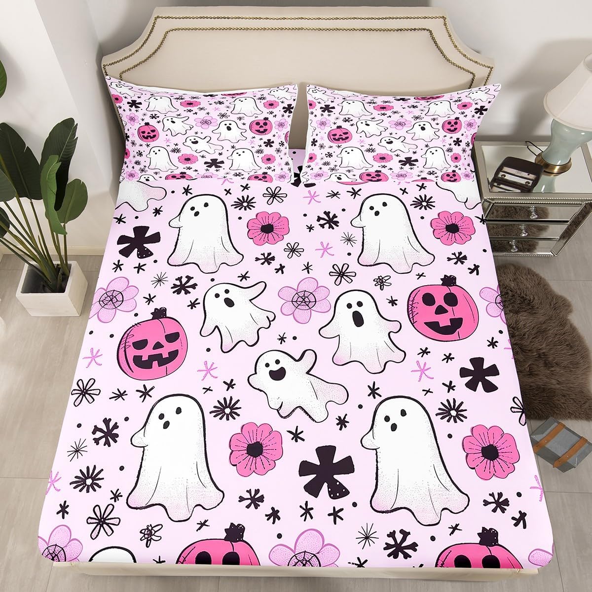 jejeloiu Halloween Decor Bed Sheets Set Queen Size for Kids Boys Girls