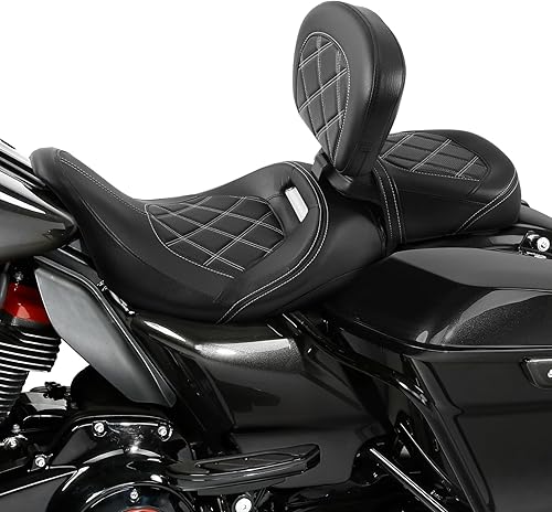 Miniatura 2 de TCT-MOTORPARTS Asiento de pasajero de perfil bajo con almohadilla para respaldo de conductor para Harley Touring Road King 2009-2023 costuras blancas