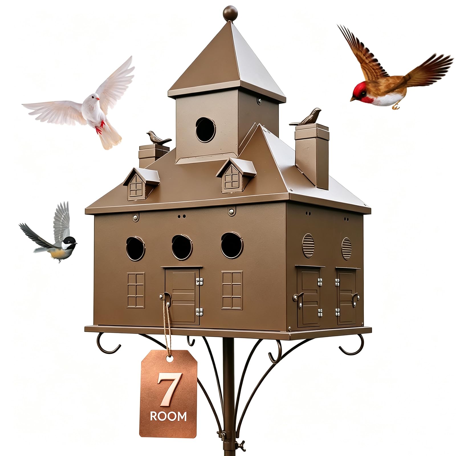 Metal Birdhouse with Pole, 7-Room Castle, 7-Prong Ground Stake