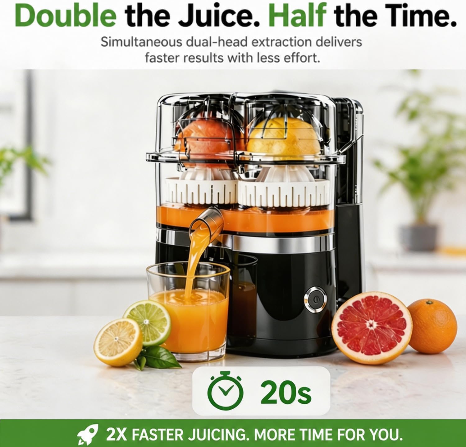 Dual-Head Automatic Citrus Juicer, Cutting Juicer, Quick Juicing, One-Touch Operation, Portable & Easy Clean, for Gym, Home & Outdoor Use (Black)