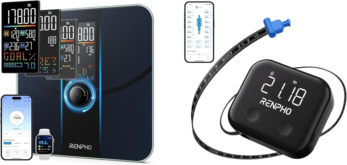 Báscula inteligente RENPHO para peso corporal, báscula de grasa corporal para IMC, grasa corporal, masa muscular, cinta de medición corporal inteligente RENPHO, cinta métrica recargable con pantalla LED