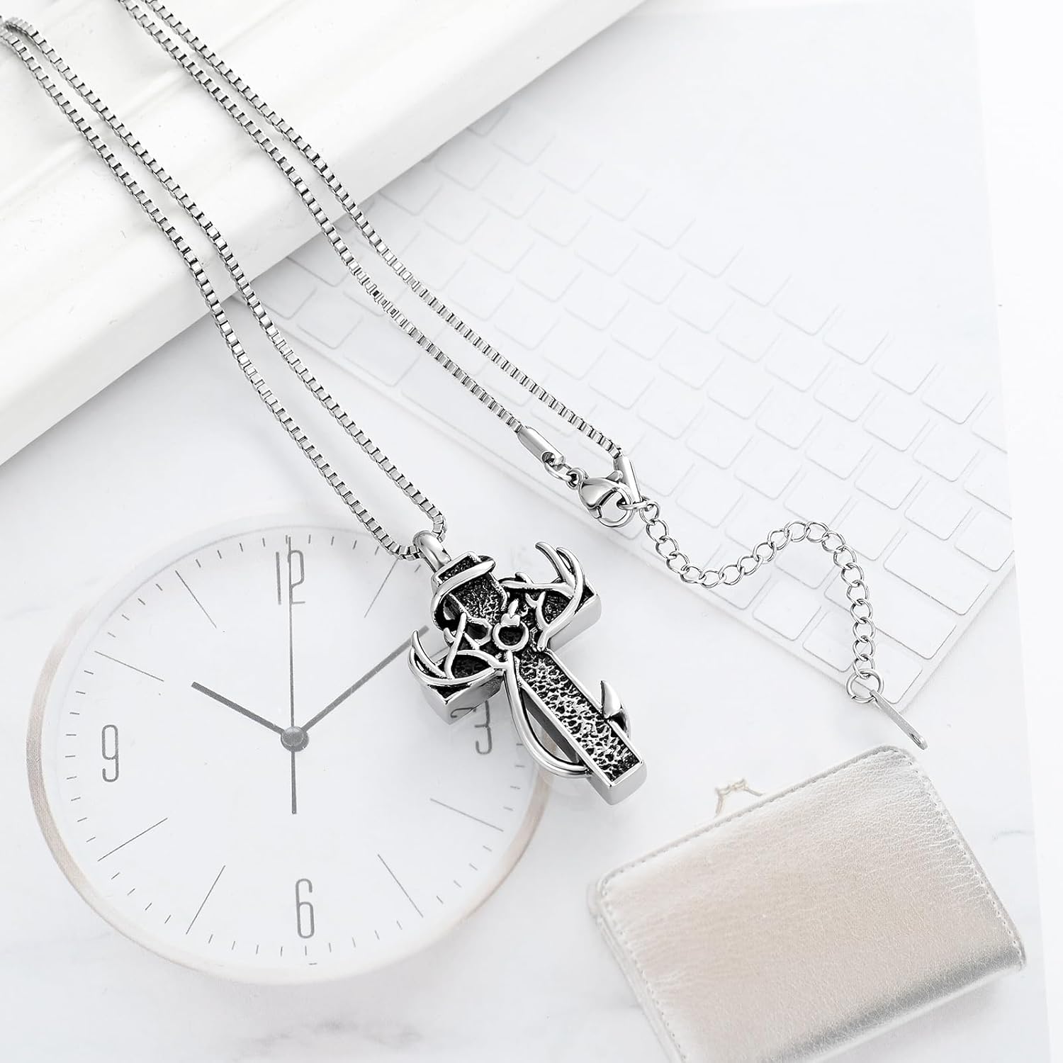 XSMZB Cross Cremation Jewelry Urn Necklace for Human Ashes Fish Hook Memorial Urn Pendant Deer Antler Cross Ashes Holder Keepsake Jewelry - Image 5