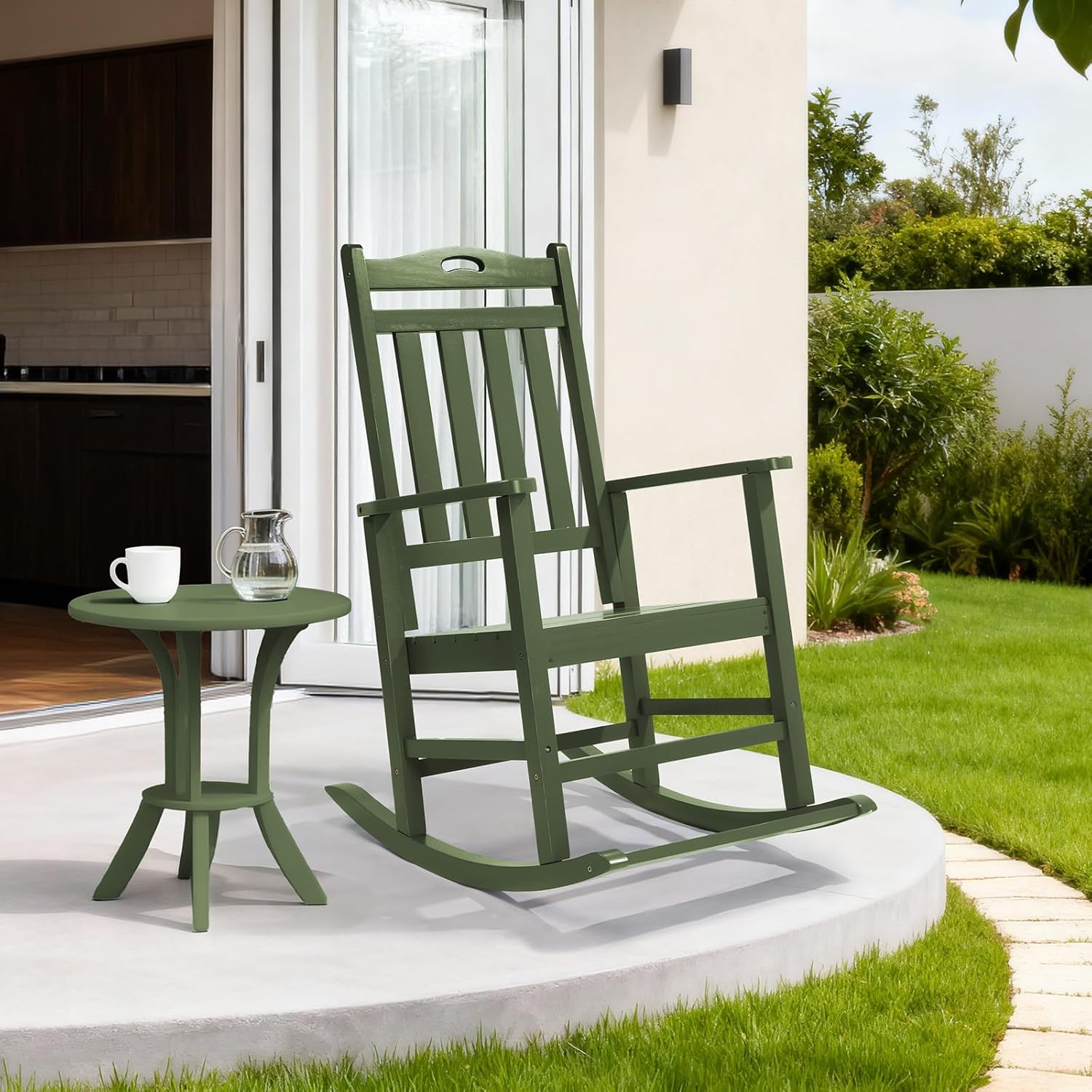 VINGLI Outdoor Rocking Chair with Footrest, Wooden Rocking Chair with 450 LBS Weight Capacity, Patio Rocker with Comfortable Backrest for Garden, Yard (Dark Green, 1PC)