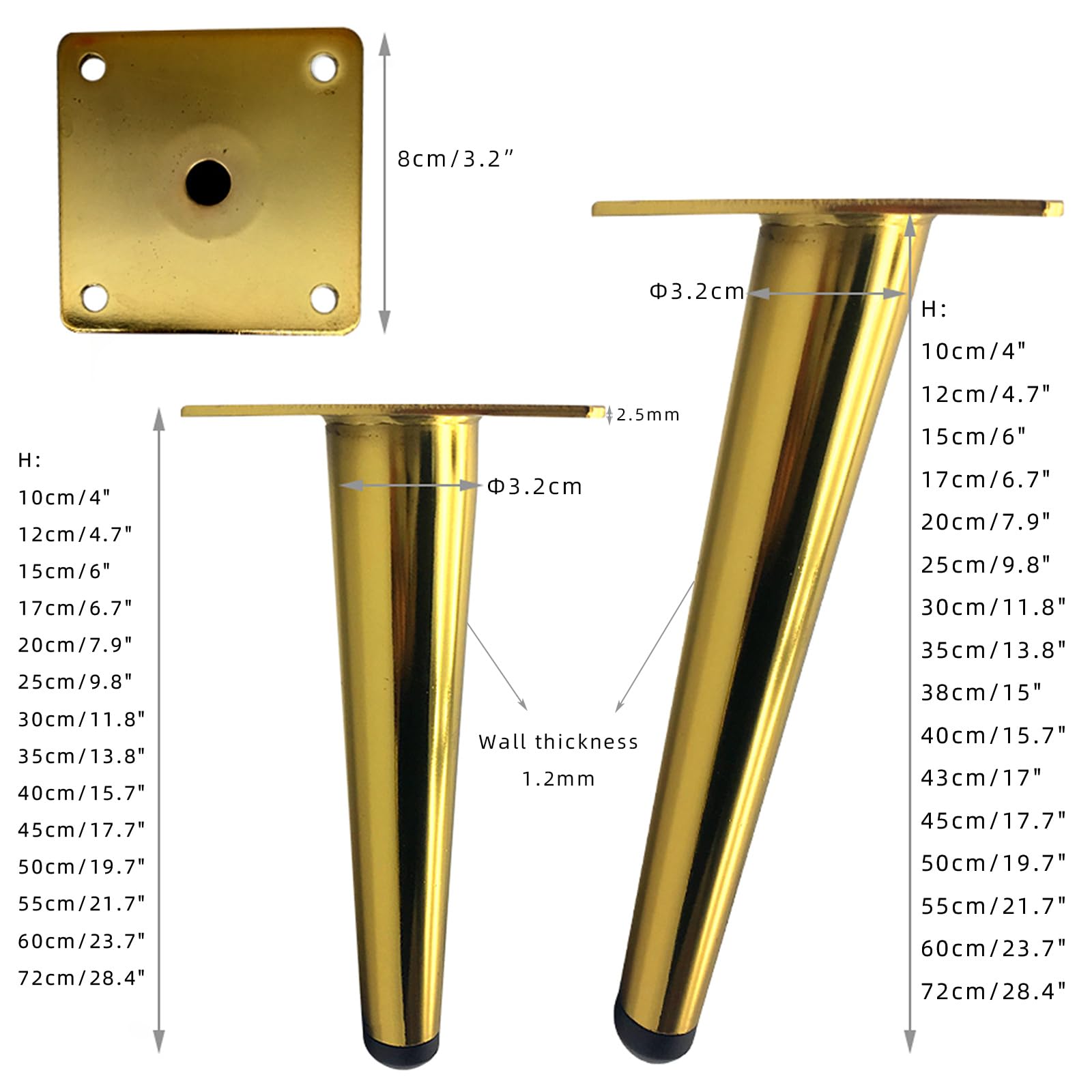 Generico Gambe per Mobili Oro Conico 4 Pezzi Supporto Piedini da Tavolo Dorati Piedini in Ferro Verniciati A Spruzzo Piedini per Divano Altezza: 10-72 cm Piedini per Mobile 43 cm/17