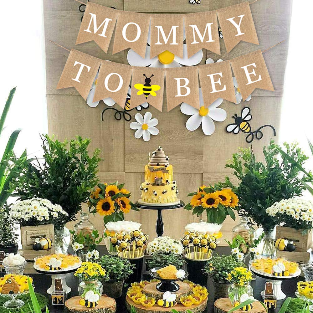 SWYOUN Burlap "Mommy To Bee" Banner - Bumble Bee Theme Baby Shower Decoration, 13x17cm, Pre-Assembled With Rope