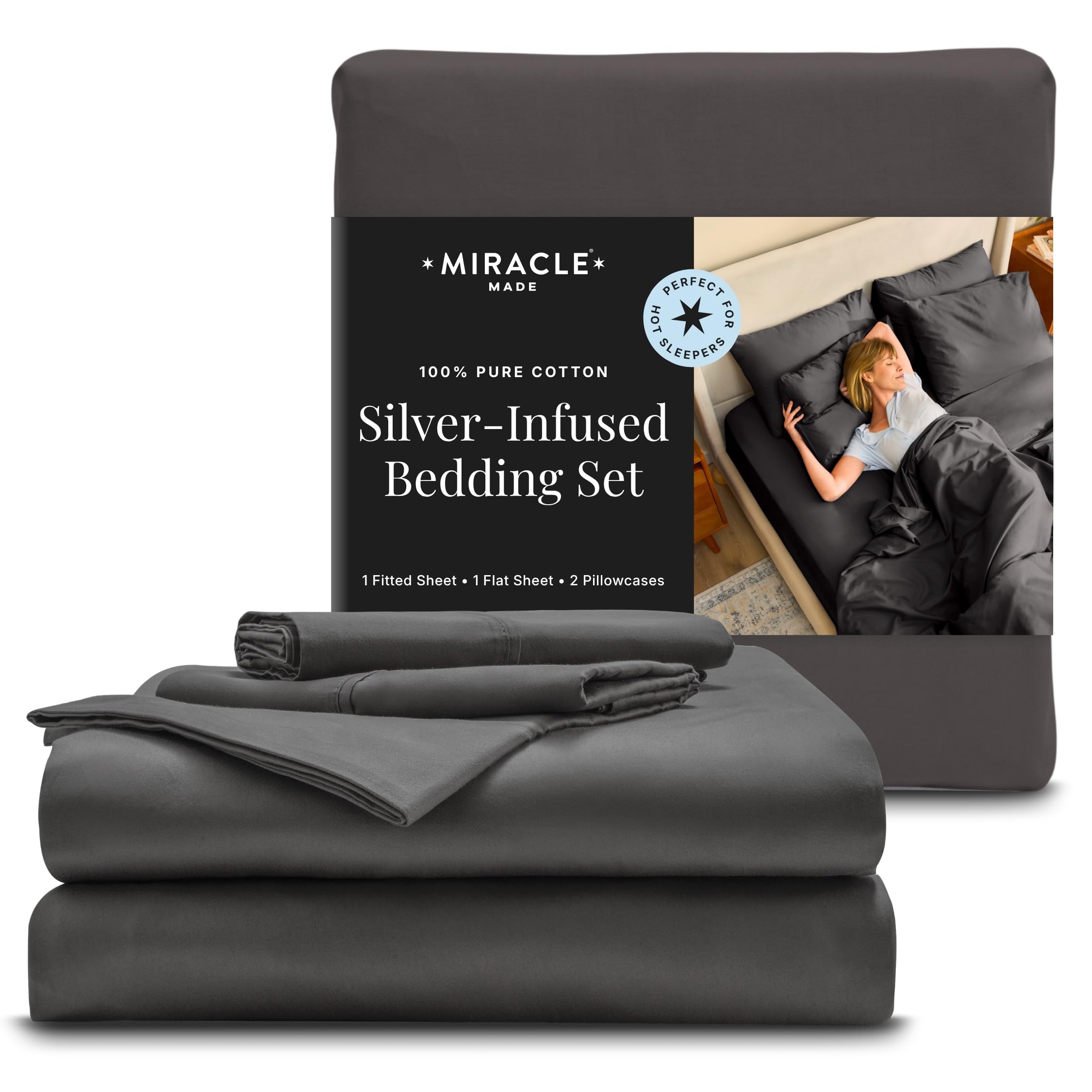 Miracle Made Luxe Cooling Bed Sheets - Charcoal - 4 Piece Silver Infused - 300-Thread-Count - Clean & Cool Full Size Bed Sheets for Sensitive Skin - Ultra-Breathable Bedding