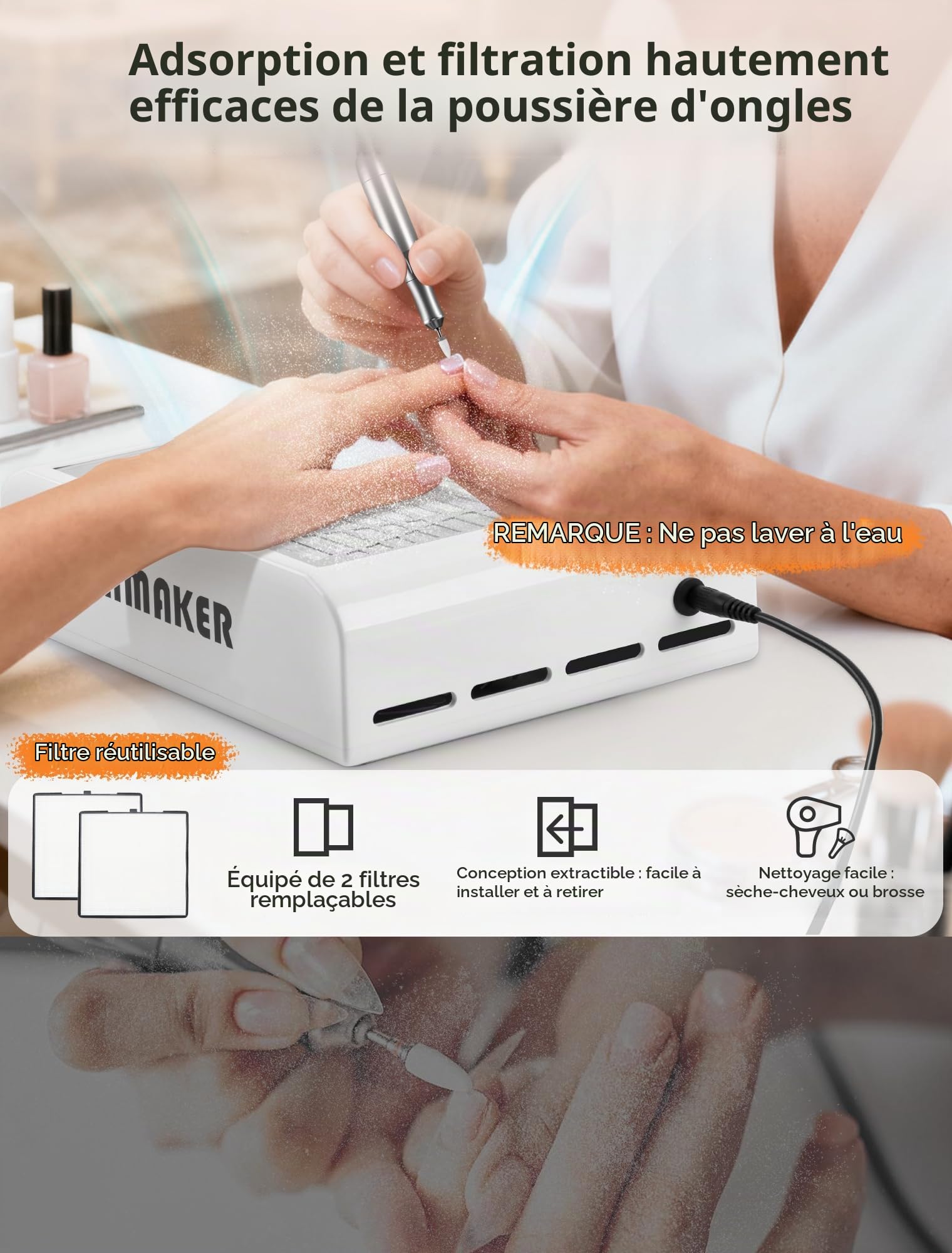 INMAKER Aspirateur Ongles Professionnelle Avec 2 Filtre Remplaçable | 60W Aspirateur Ongle Manucure pour Nail Art ou Salon, Blanc