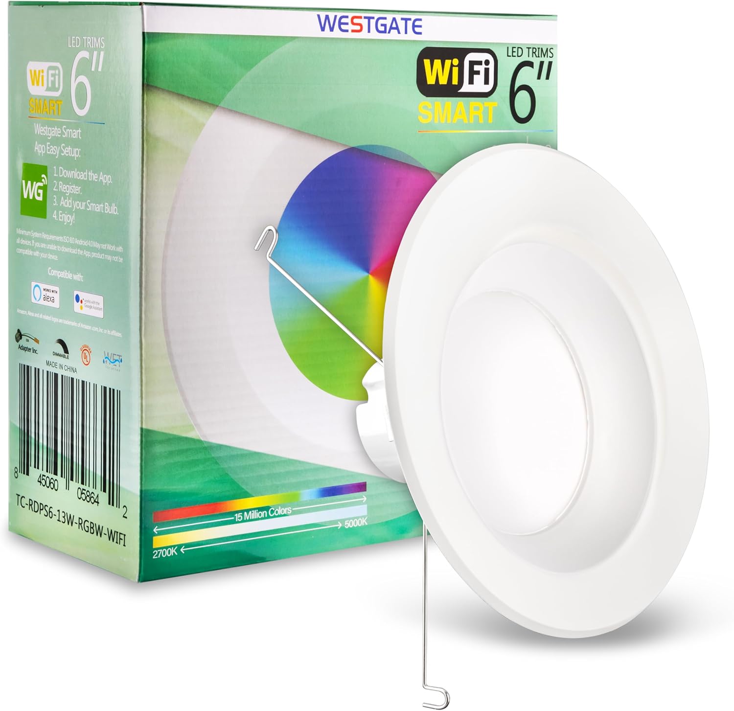 Westgate LED downlight packaging showing WiFi setup steps