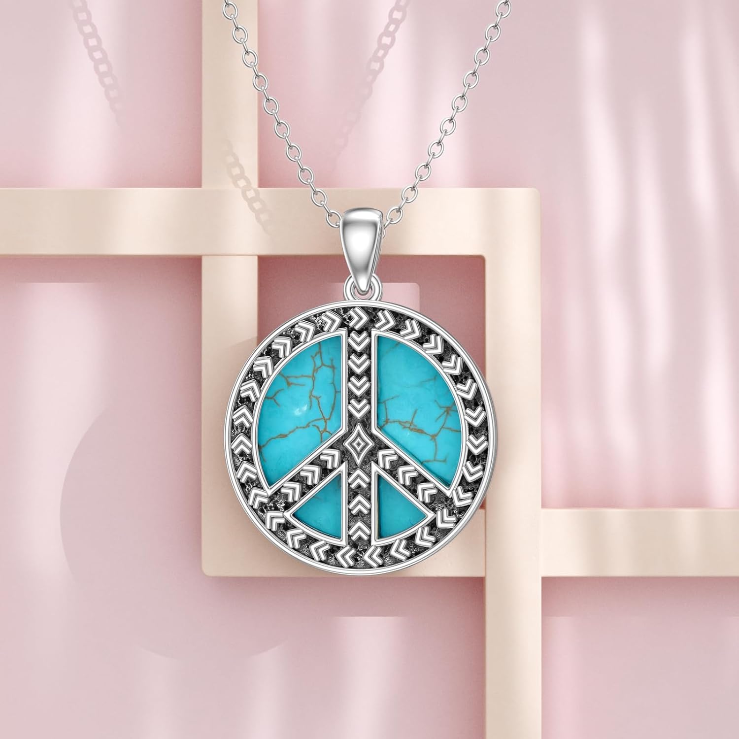 Peace Sign Necklace 925 Sterling Silver Genuine Turquoise Peace Symbol Pendant Western Bohemian Jewelry Gifts for Women - Image 4