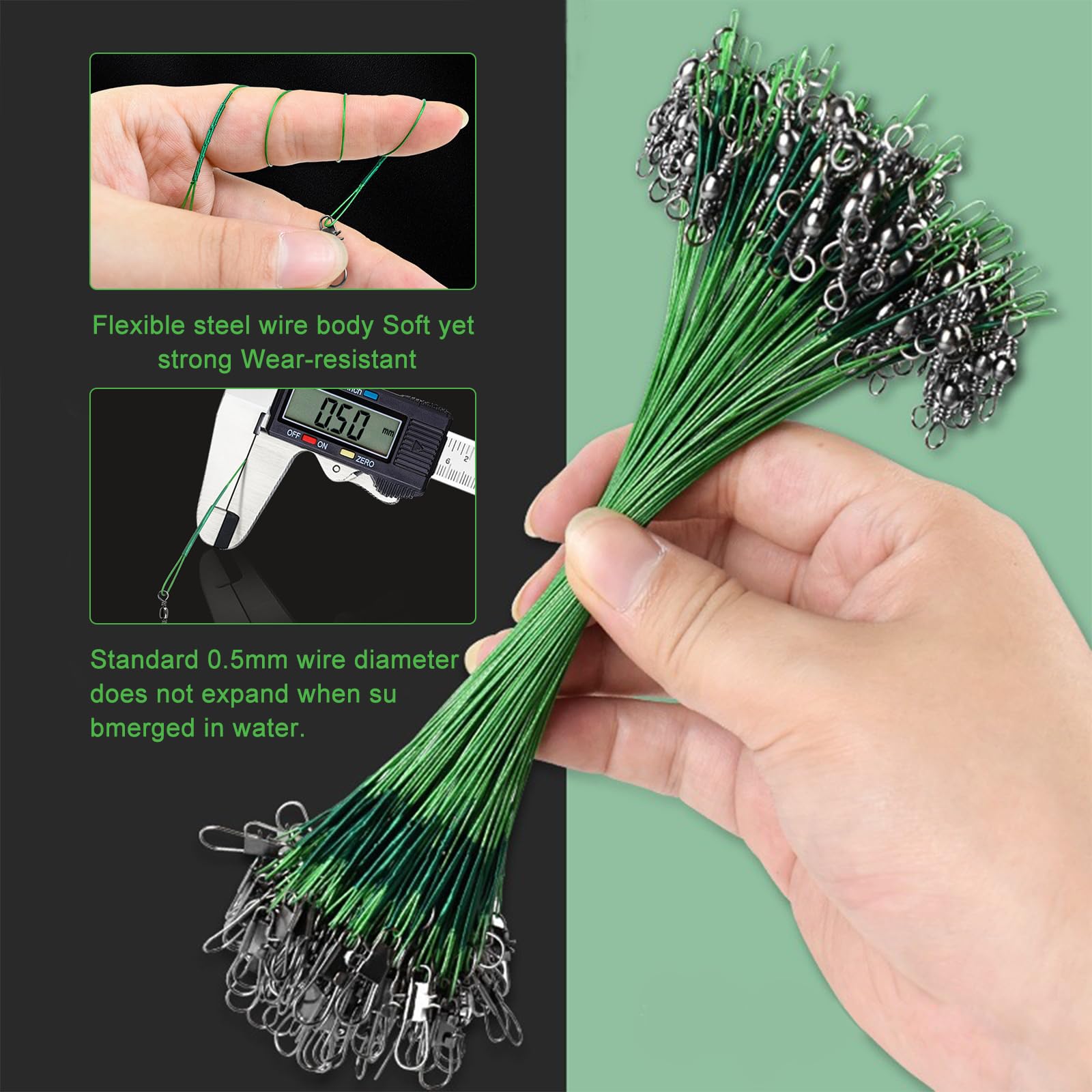 Lot de 100 Bas de Ligne Acier Brochet 10-30cm Inoxydable avec émerillon et Mousqueton pour Eau Salée et Douce