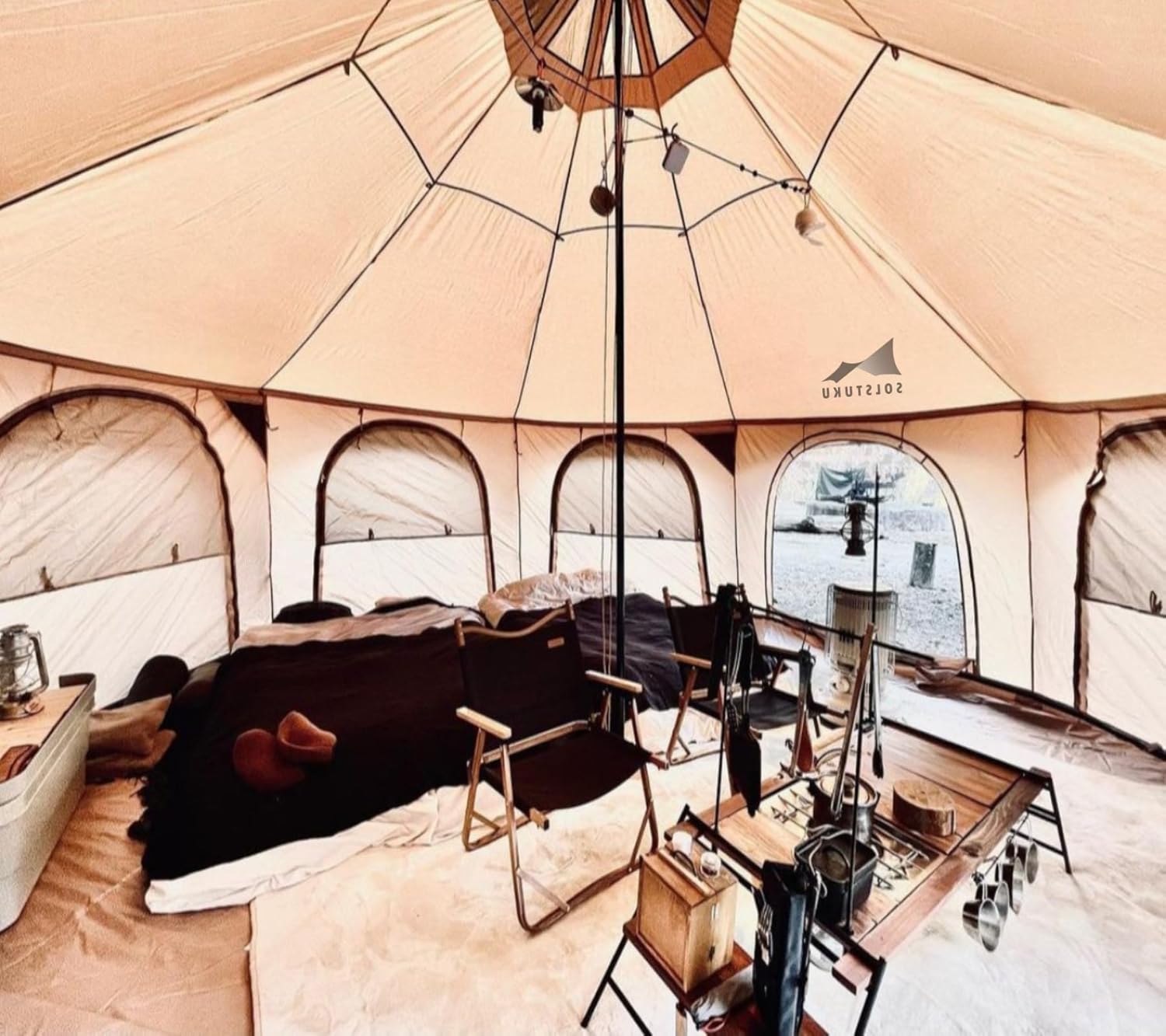 SOLSTUKU 4 Season Canvas Bell Tent, 270 sq ft, 9.8 ft Peak Height, 10 Person, Free Standing, Zipper Closure, Compact Style, Camping & Hiking, Family Camping, Cold-Weather, Outdoor Activities
