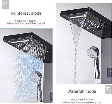 LED Shower Panel Tower System Digital Display Shower Column Thermostatic Shower Panel System, Shower System with Shower Head, Hand Shower, Body Rays, Bathtub Pipe, Black Decoration, Blackone