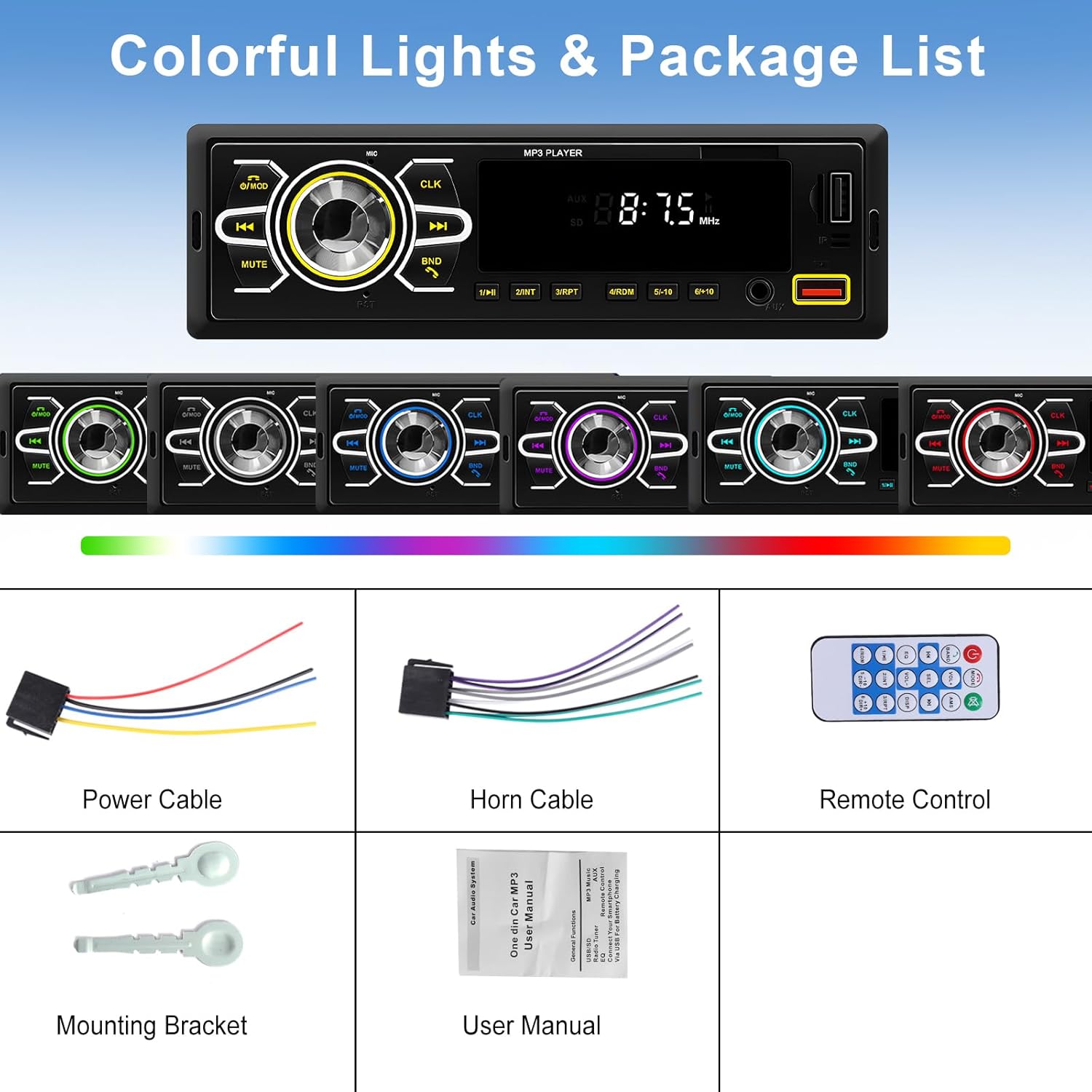 Package contents of the podofo car stereo including main unit, cables, remote, and mounting keys