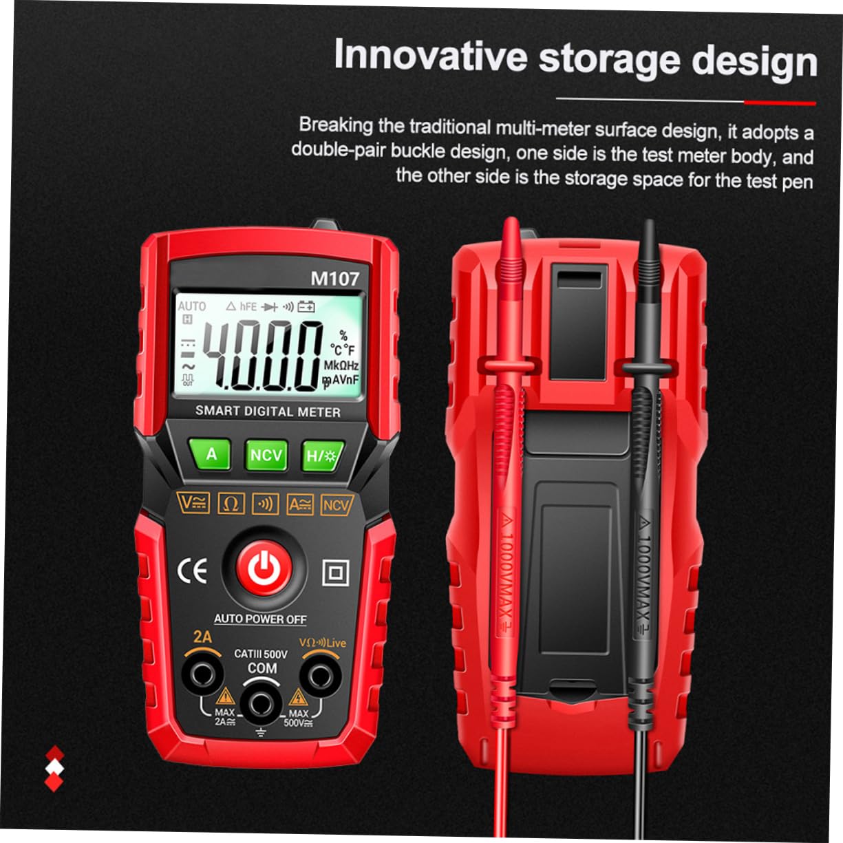 TEHAUX M107 Digital Multimeter with test lead storage