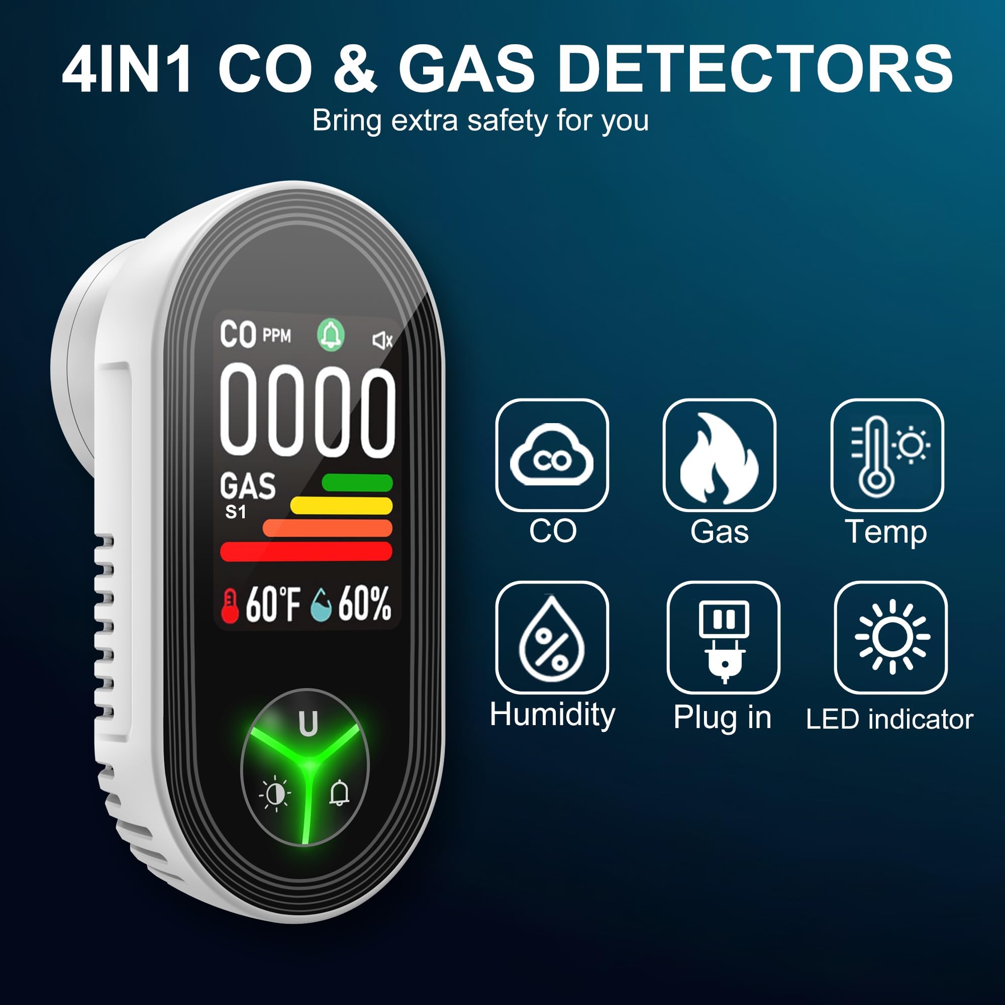 Detector de Gas y Monóxido de Carbono con Enchufe para Hogar, Alarma de CO para Casa, Alarma de Gas Combustible para Gas Natural LPG Metano Propano Butano, Blanco, PTH-24E